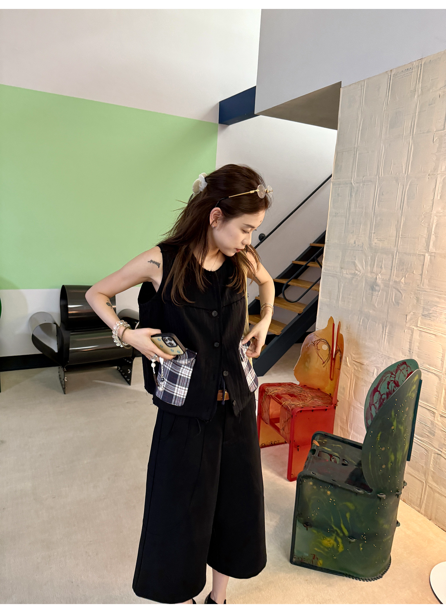 LelyMooch 配色チェック柄ノースリーブベスト  LEM218