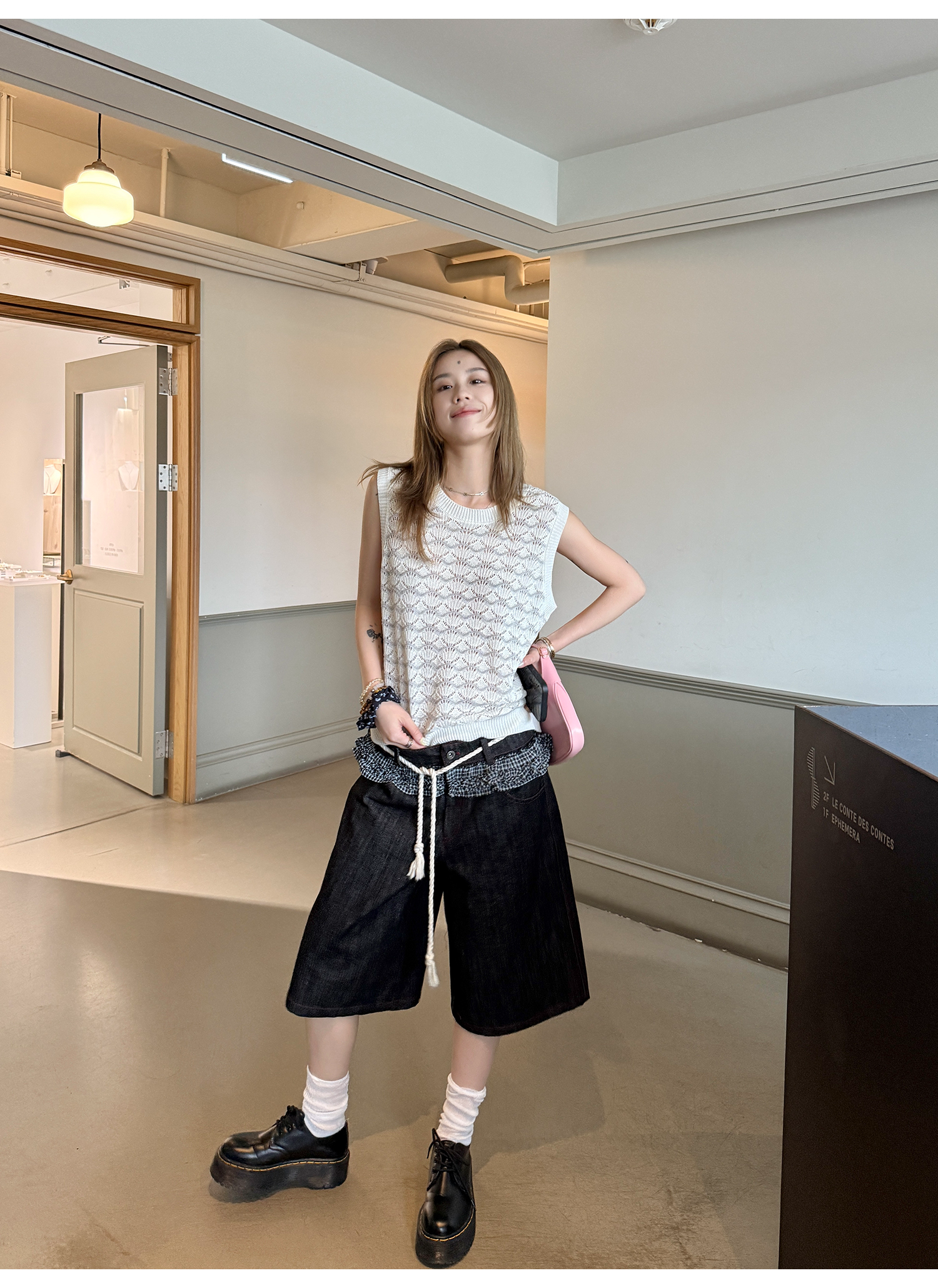 LelyMooch 赤ステッチ×ギンガムデニムハーフパンツ   LEM201