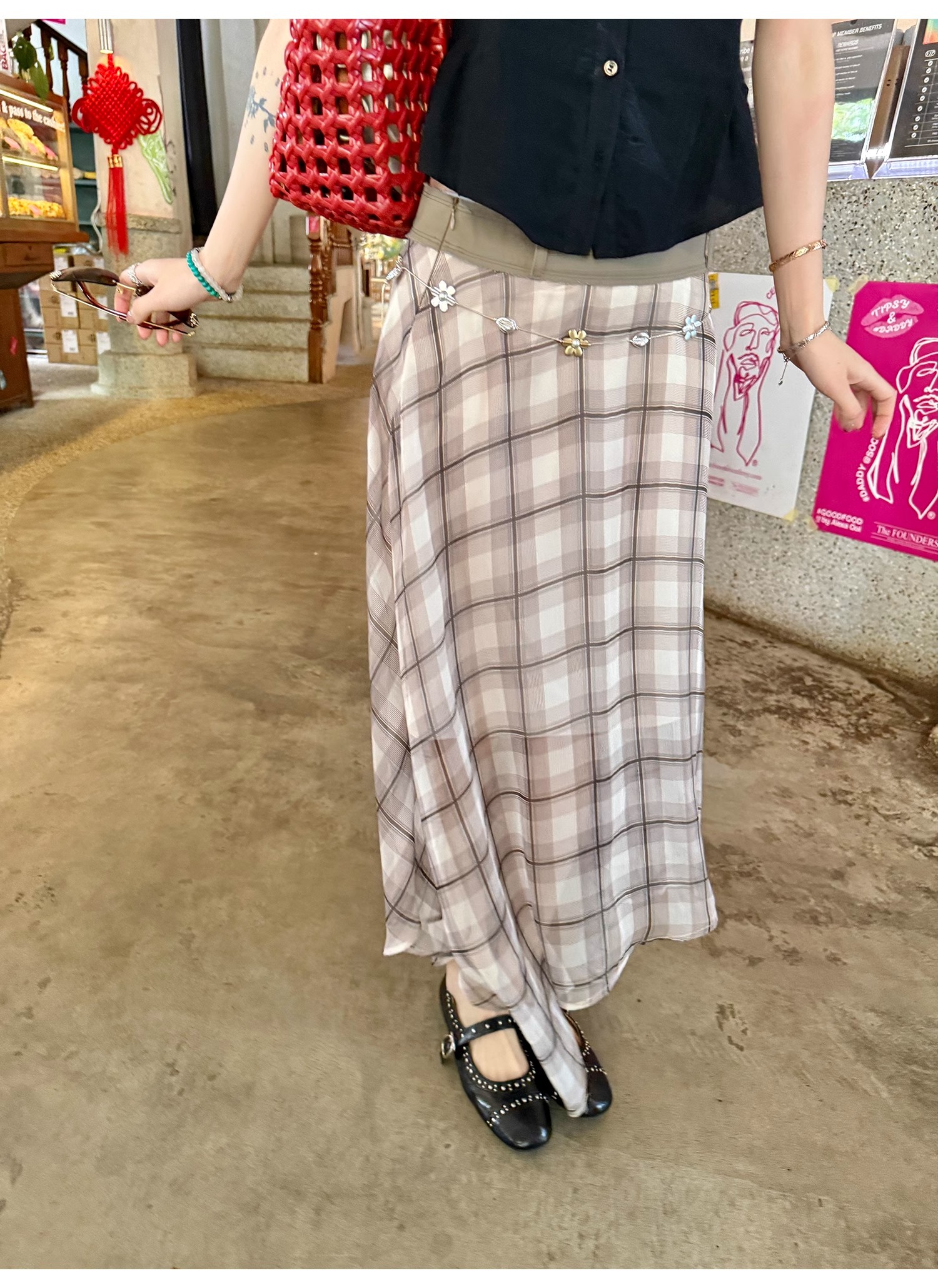 LelyMooch  エレガントフレンチ シフォンチェックスカート  LEM096