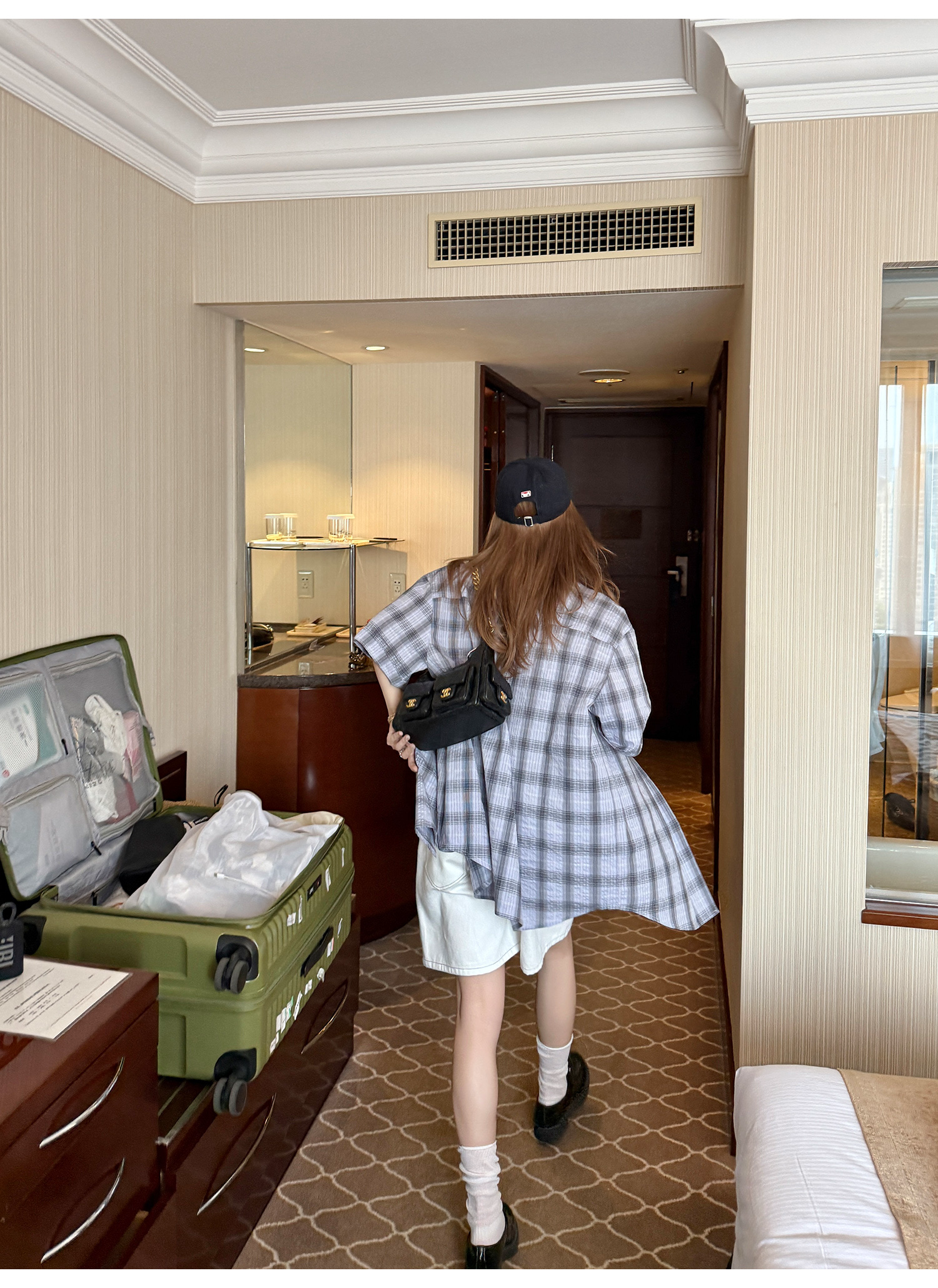 LelyMooch パープル格子柄・軽量半袖シャツ  LEM198