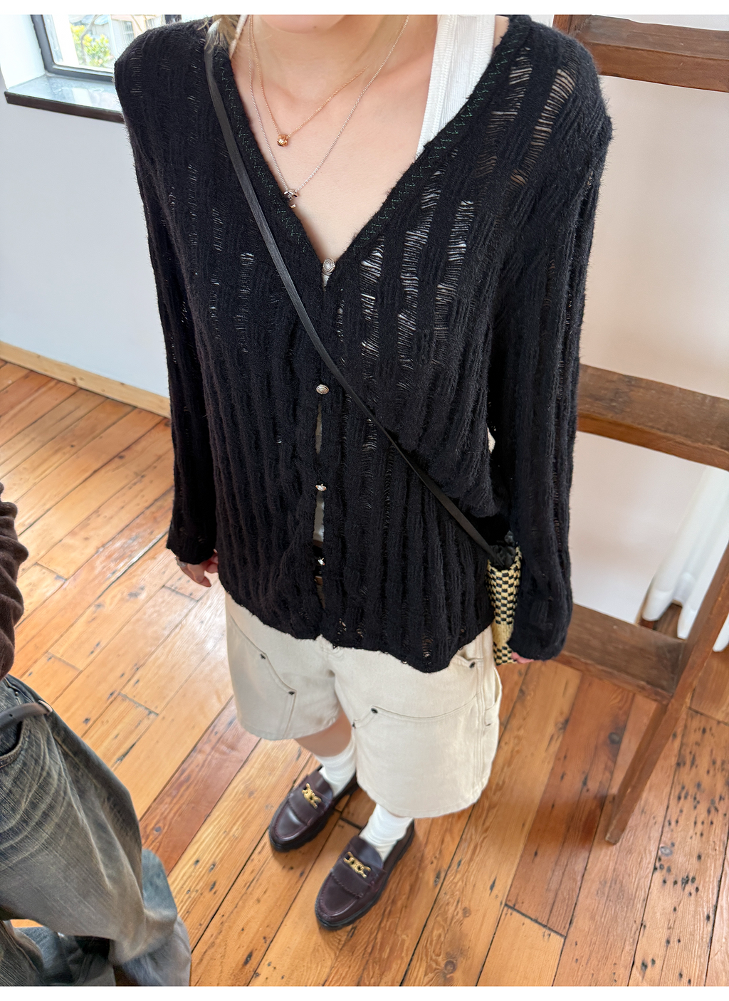 LelyMooch 透け感ニットで即抜け感◎ ゆるシルエットの黒カーディガン LEM149