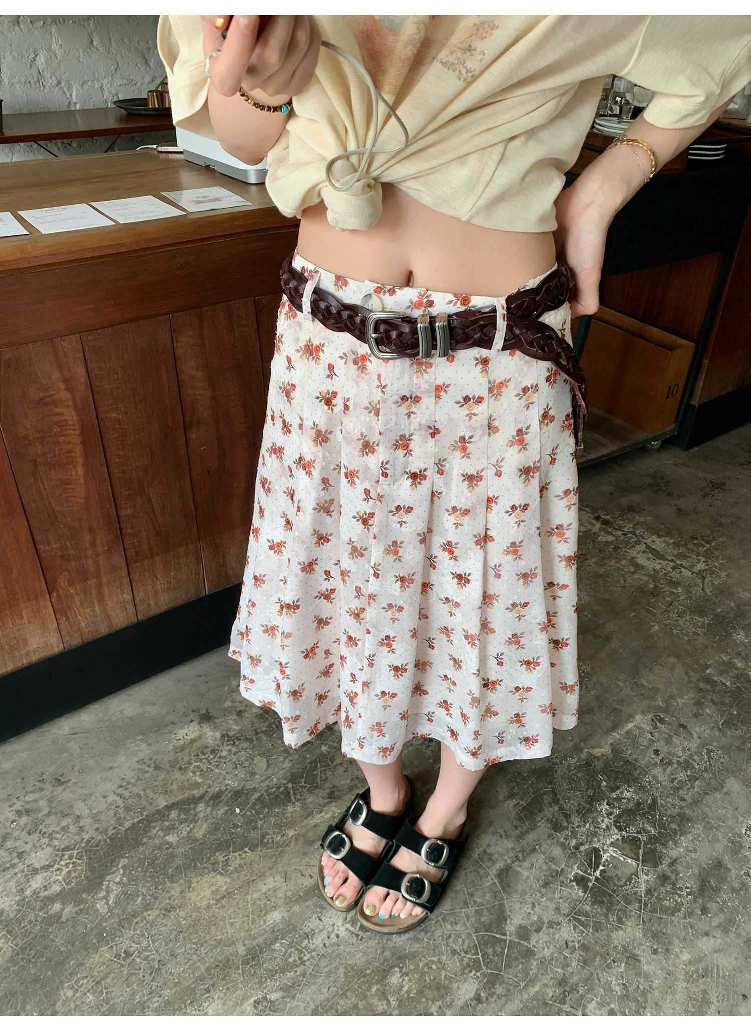 LelyMooch  レトロ小花柄プリーツシフォンスカート  LEM143