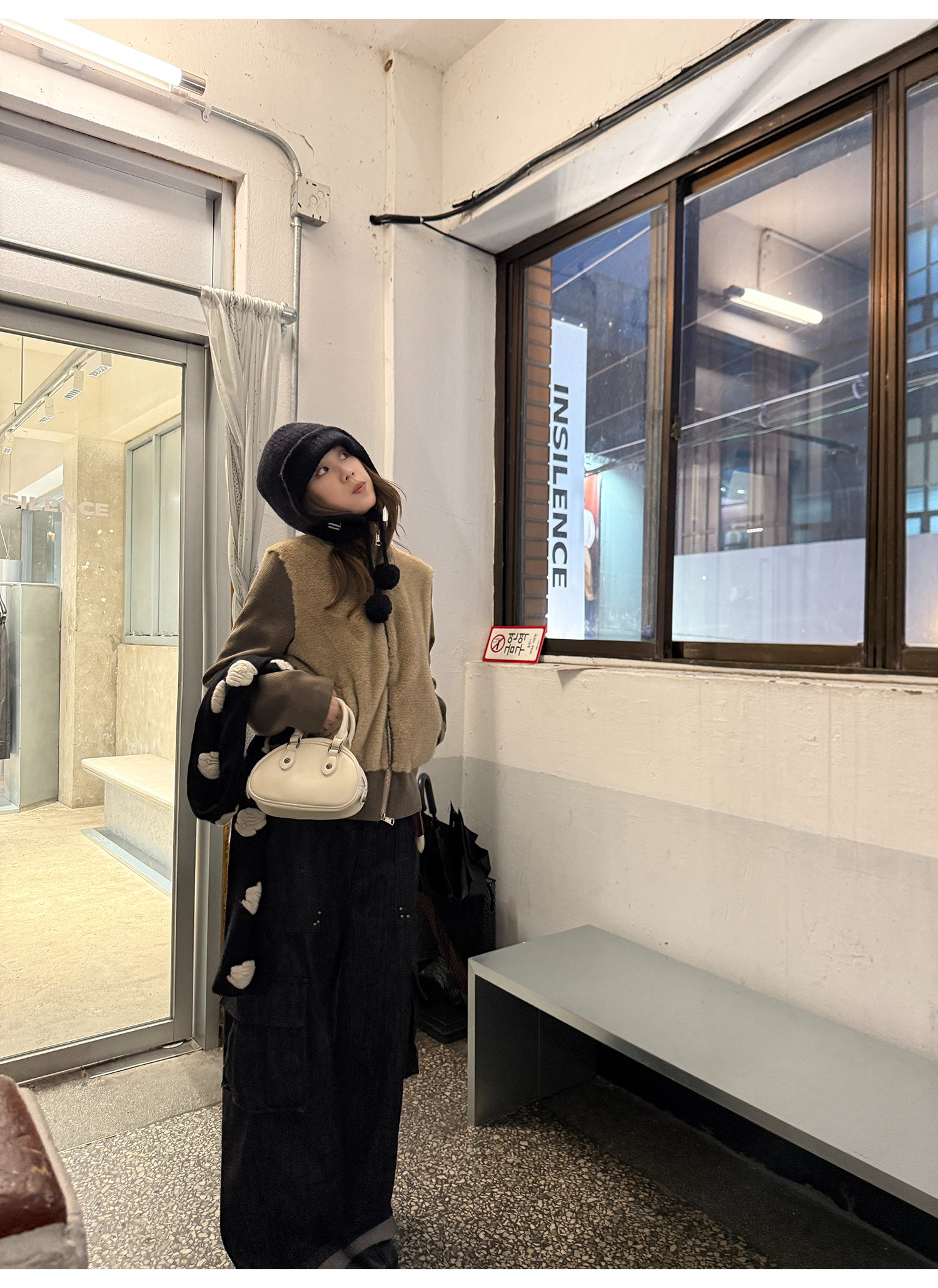 LelyMooch フェイクファー切り替え立ち襟コート  LEM252