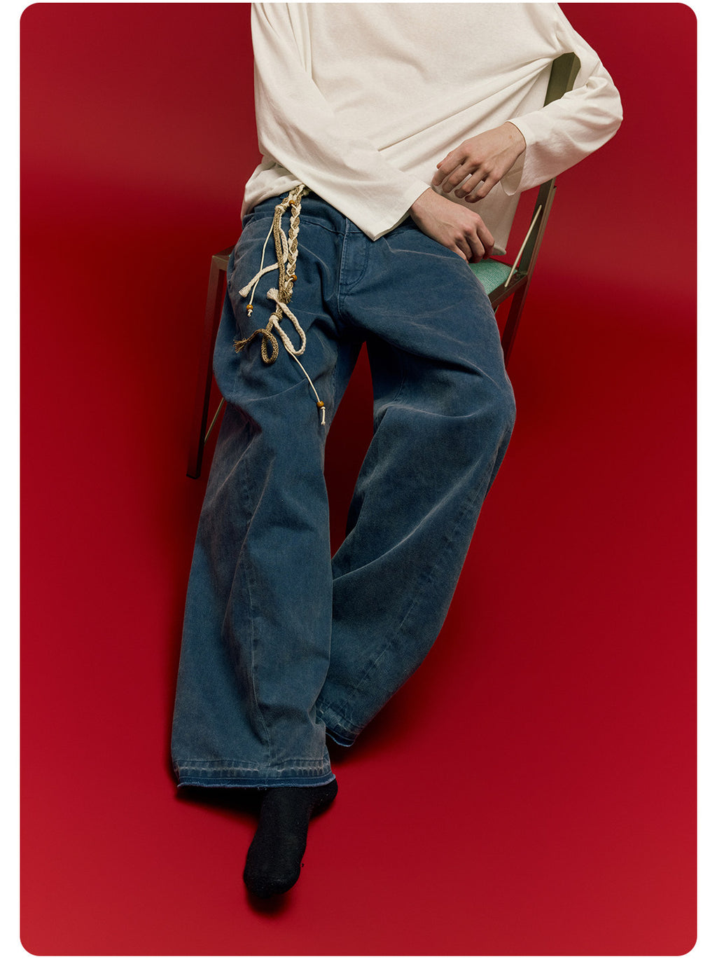 ムラ感デニム 断ち切り仕様 紐プレゼント イージーワイドパンツ LOM041