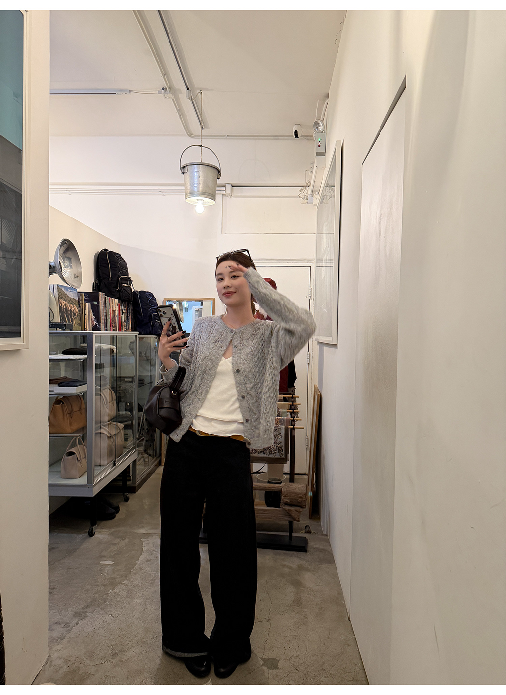 LelyMooch 黒グレー縞柄 すっきりストレートデニム　LEM319