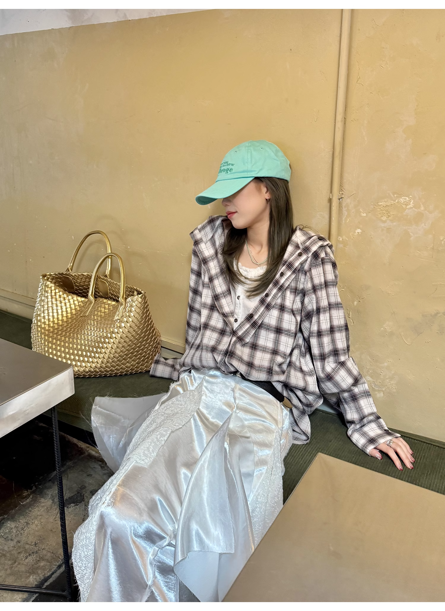 LelyMooch  フード付きミディ丈長袖チェックシャツ  LEM101