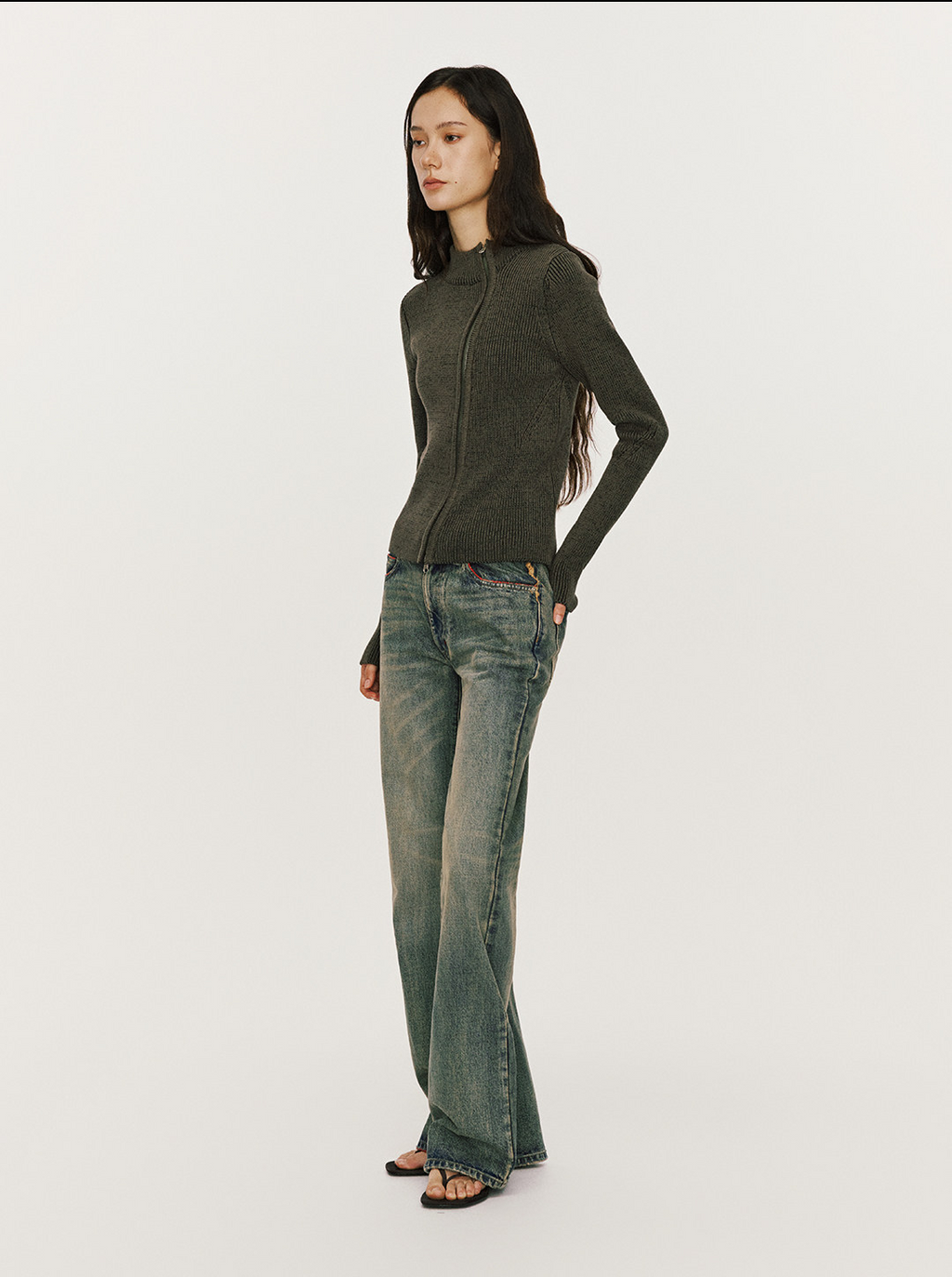 斜めジップ 半ハイネック 構築ニット  LOM036