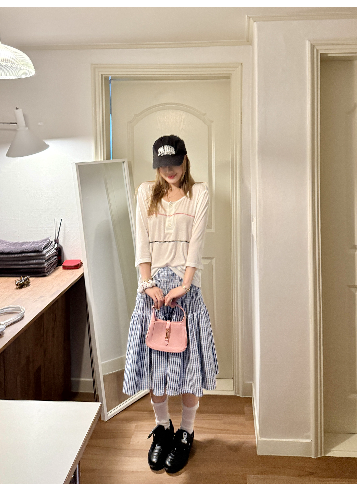 LelyMooch シアー素材×配色ステッチ ヘンリーネック七分袖  LEM178