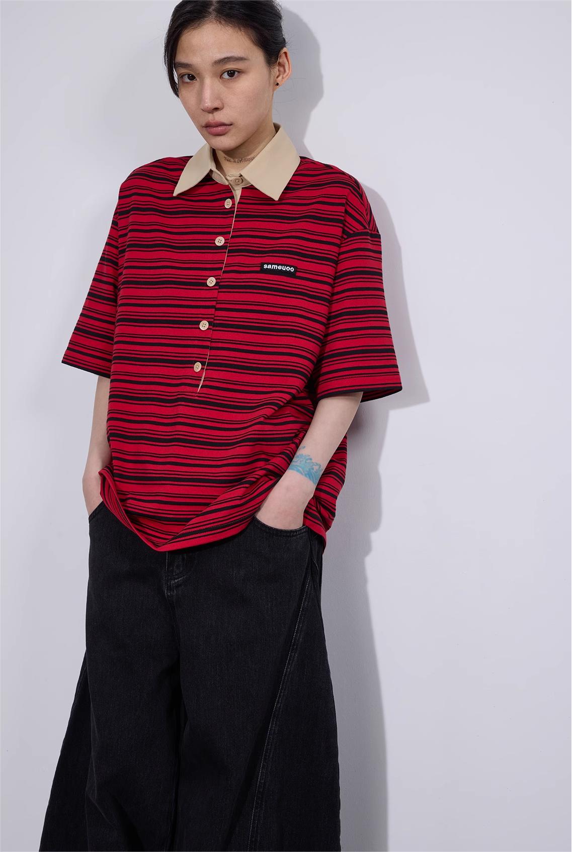 ポロカラー ストライプ半袖Tシャツ  LOM016