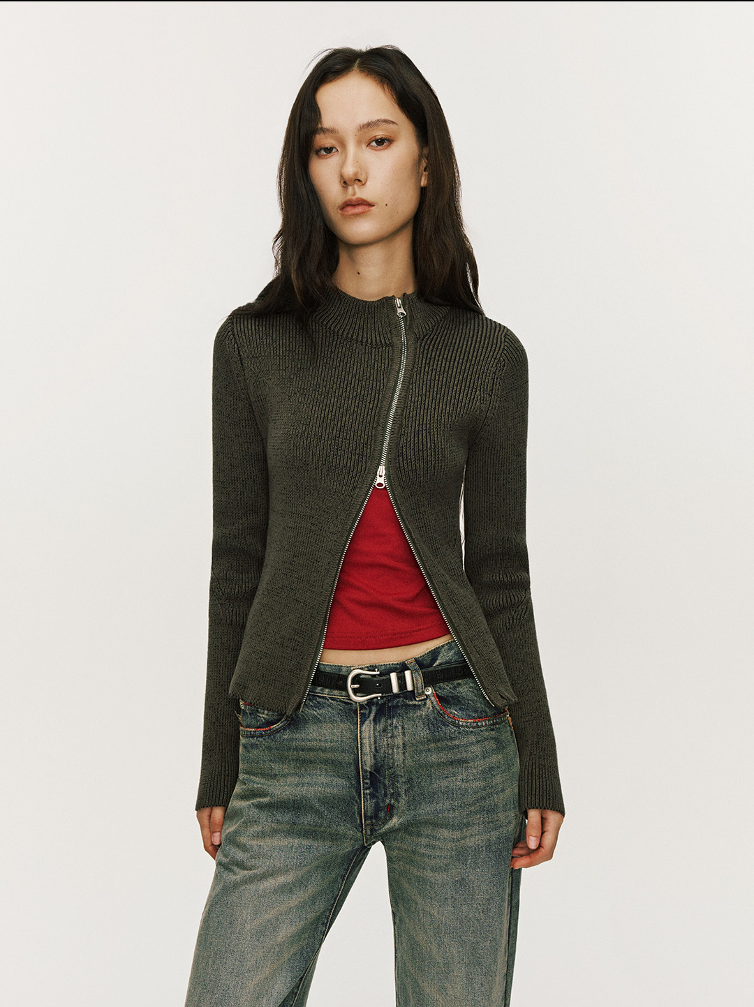 斜めジップ 半ハイネック 構築ニット  LOM036