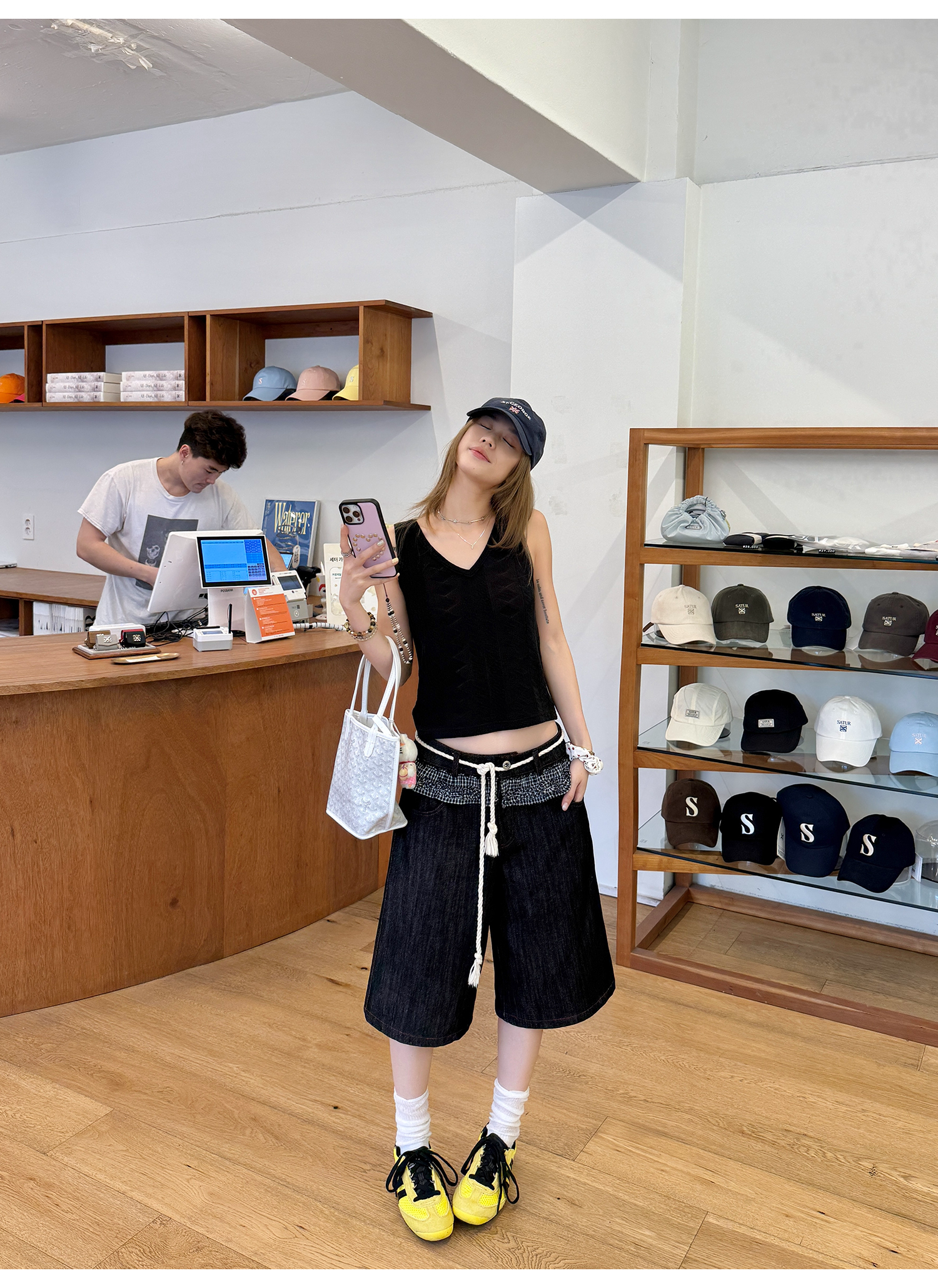 LelyMooch 赤ステッチ×ギンガムデニムハーフパンツ   LEM201