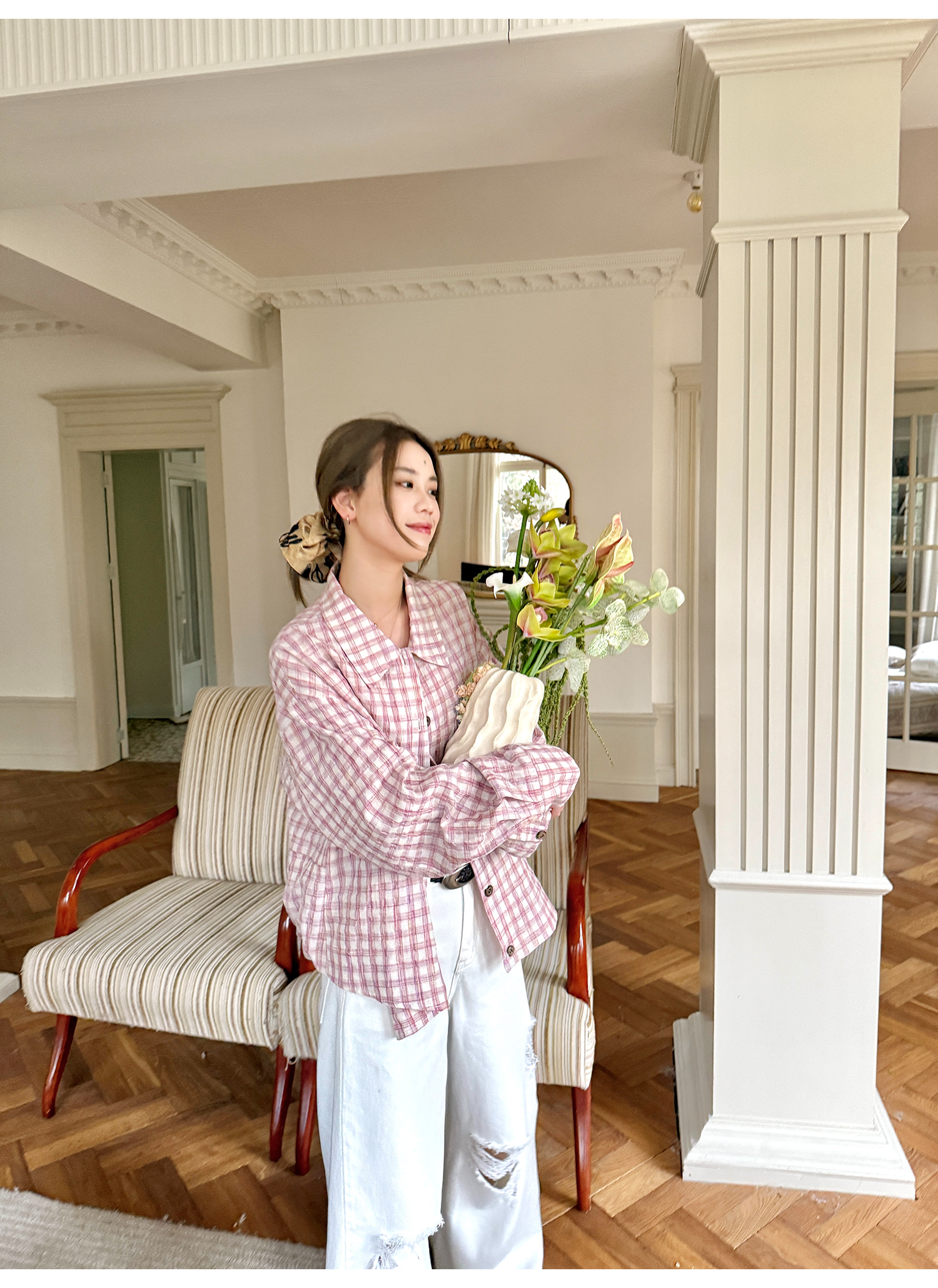 LelyMooch ピンクチェック リネン風　シャツジャケット  LEM119