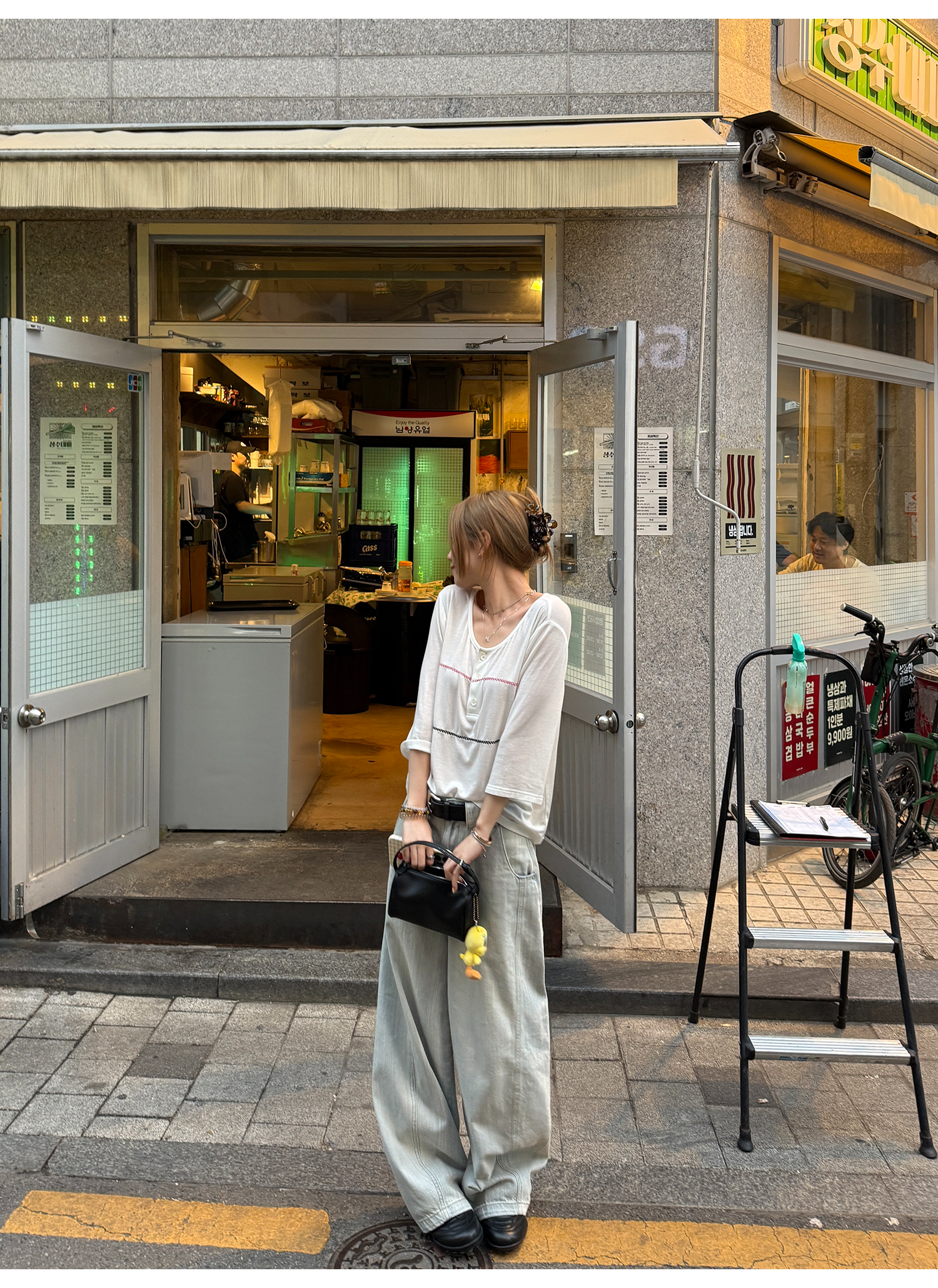 LelyMooch シアー素材×配色ステッチ ヘンリーネック七分袖  LEM178