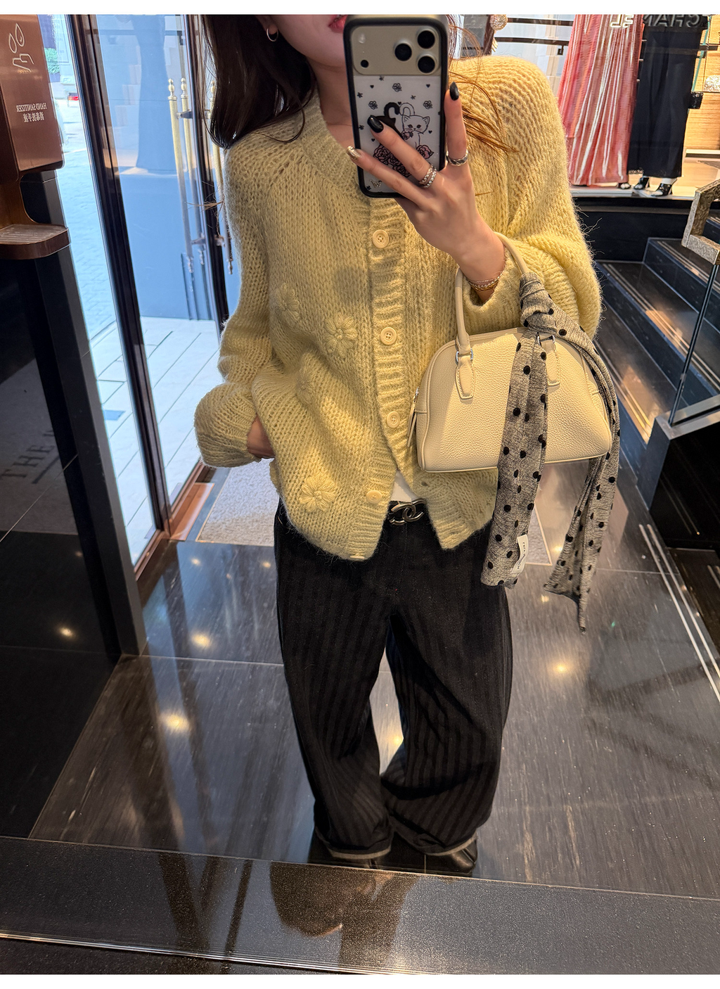 LelyMooch 黒グレー縞柄 すっきりストレートデニム　LEM319