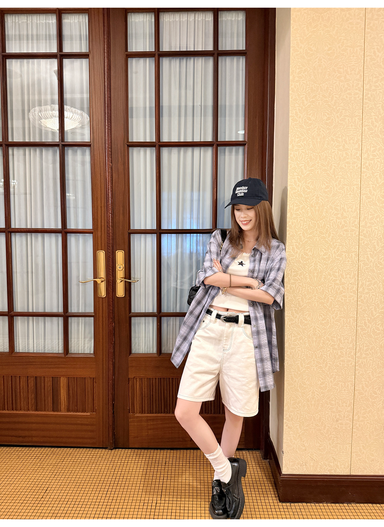 LelyMooch パープル格子柄・軽量半袖シャツ  LEM198