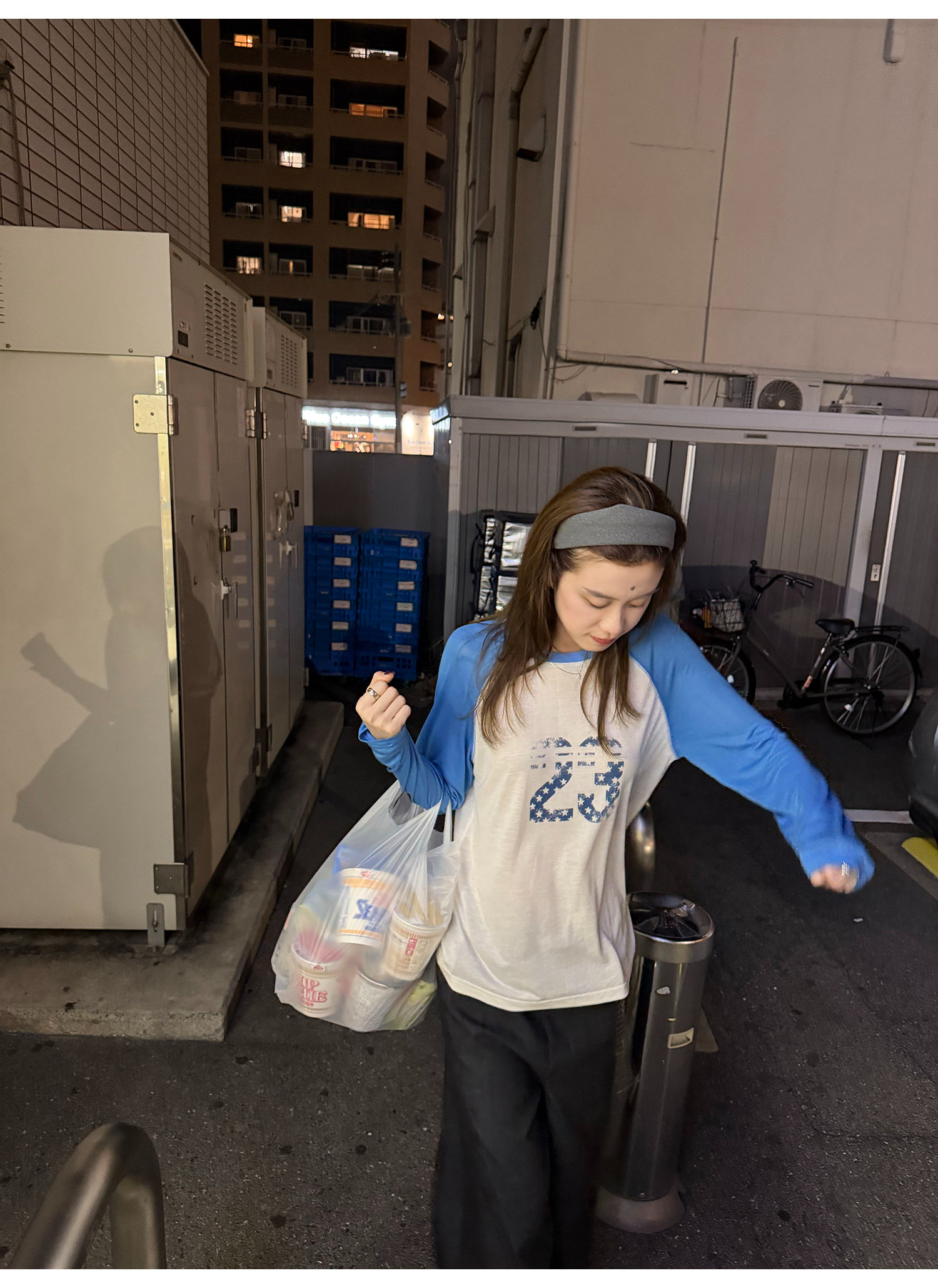 LelyMooch ブルー×ホワイト 配色ロングTシャツ  LEM377