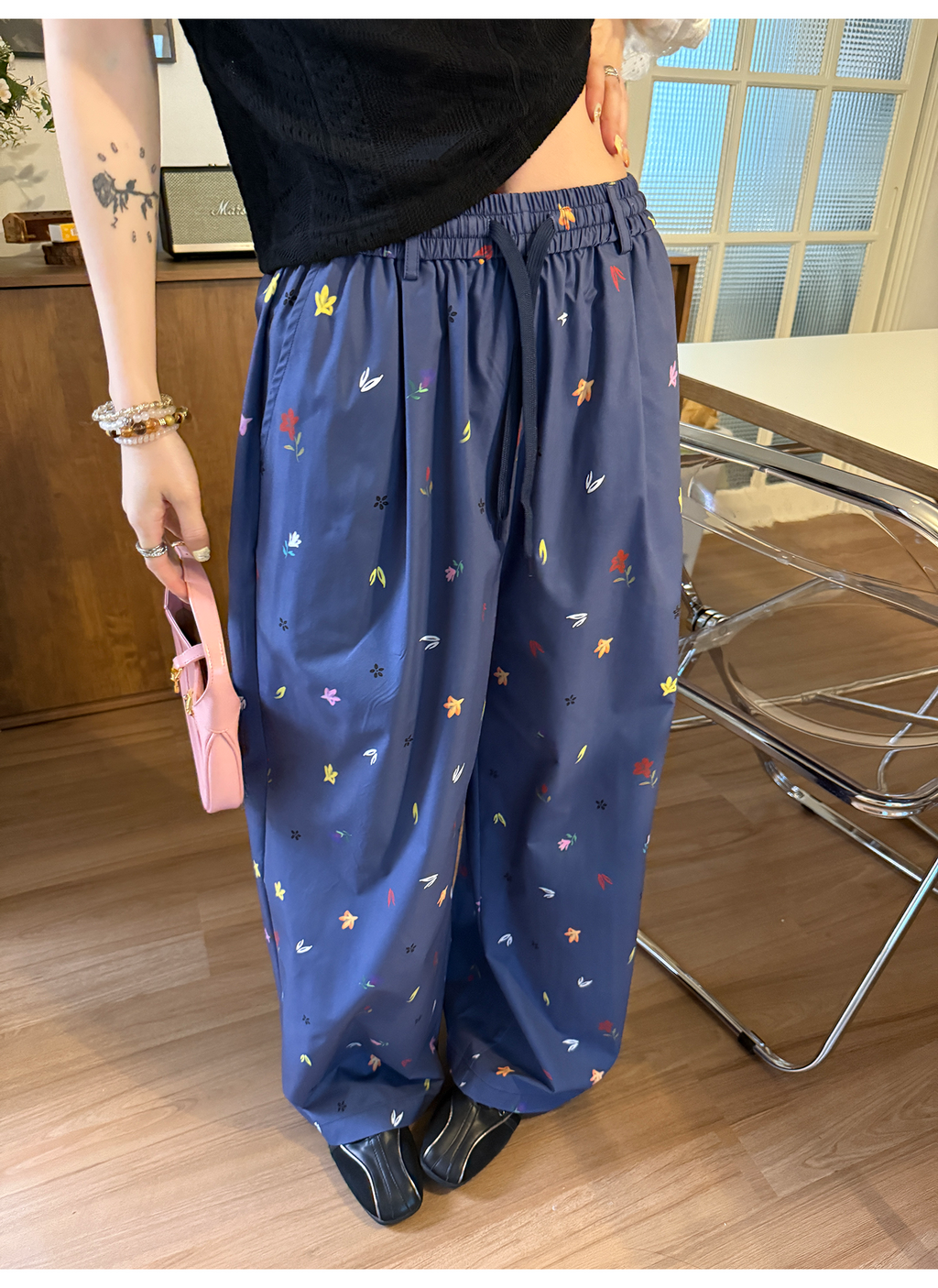 LelyMooch 花柄ワイドドロストパンツ  LEM166