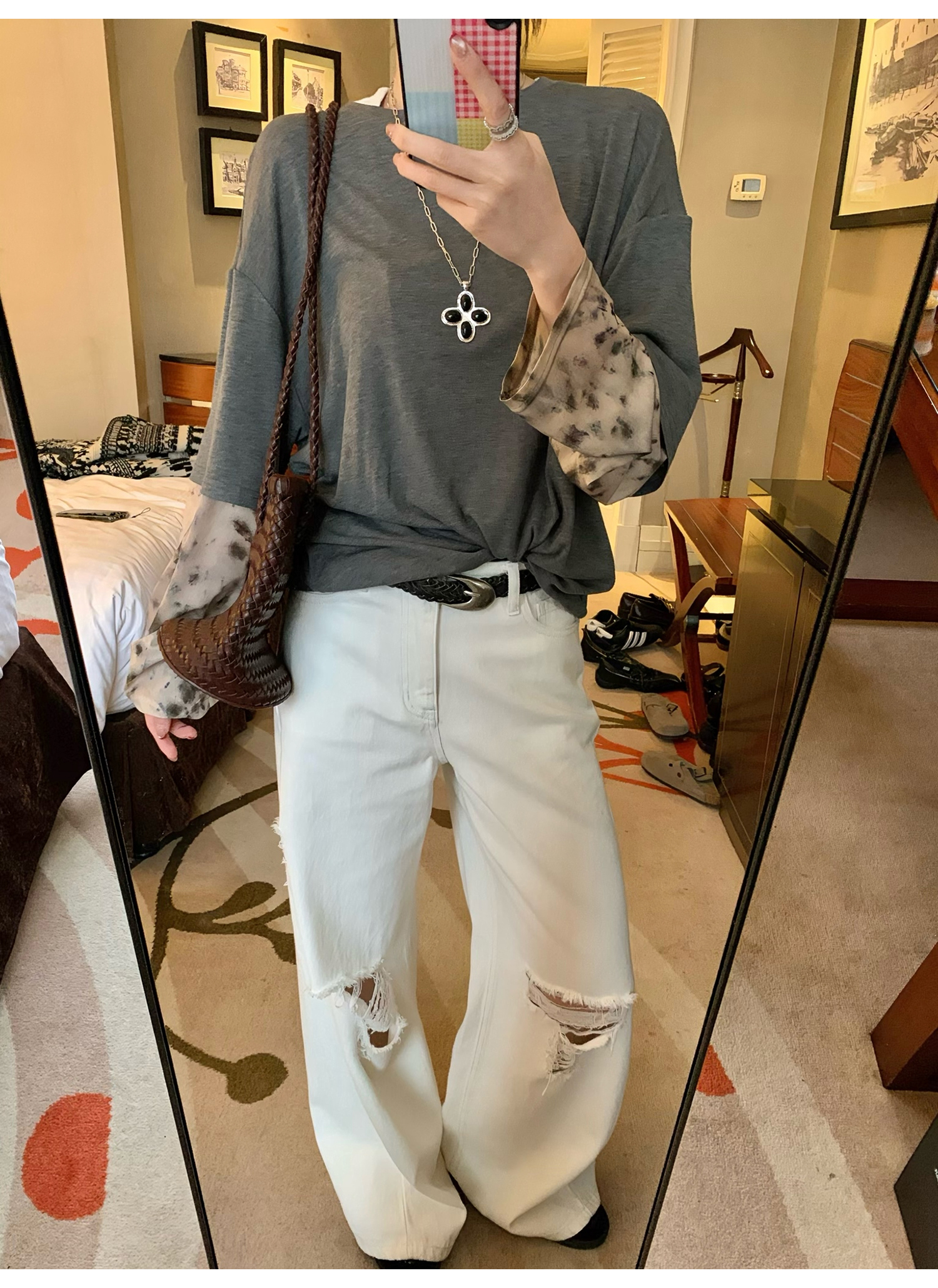 LelyMooch  ホワイト ワイドパンツ（ダメージ加工） LEM116