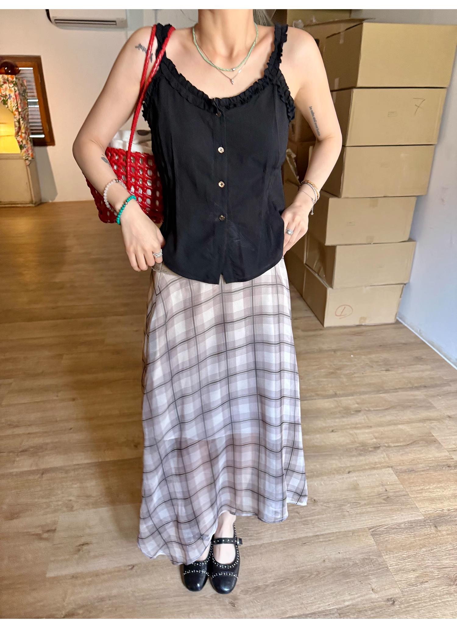 LelyMooch  エレガントフレンチ シフォンチェックスカート  LEM096