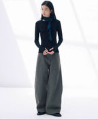 3D Curved Line x Wide Silhouette Structure Tuck Design Denim Pants LOM030