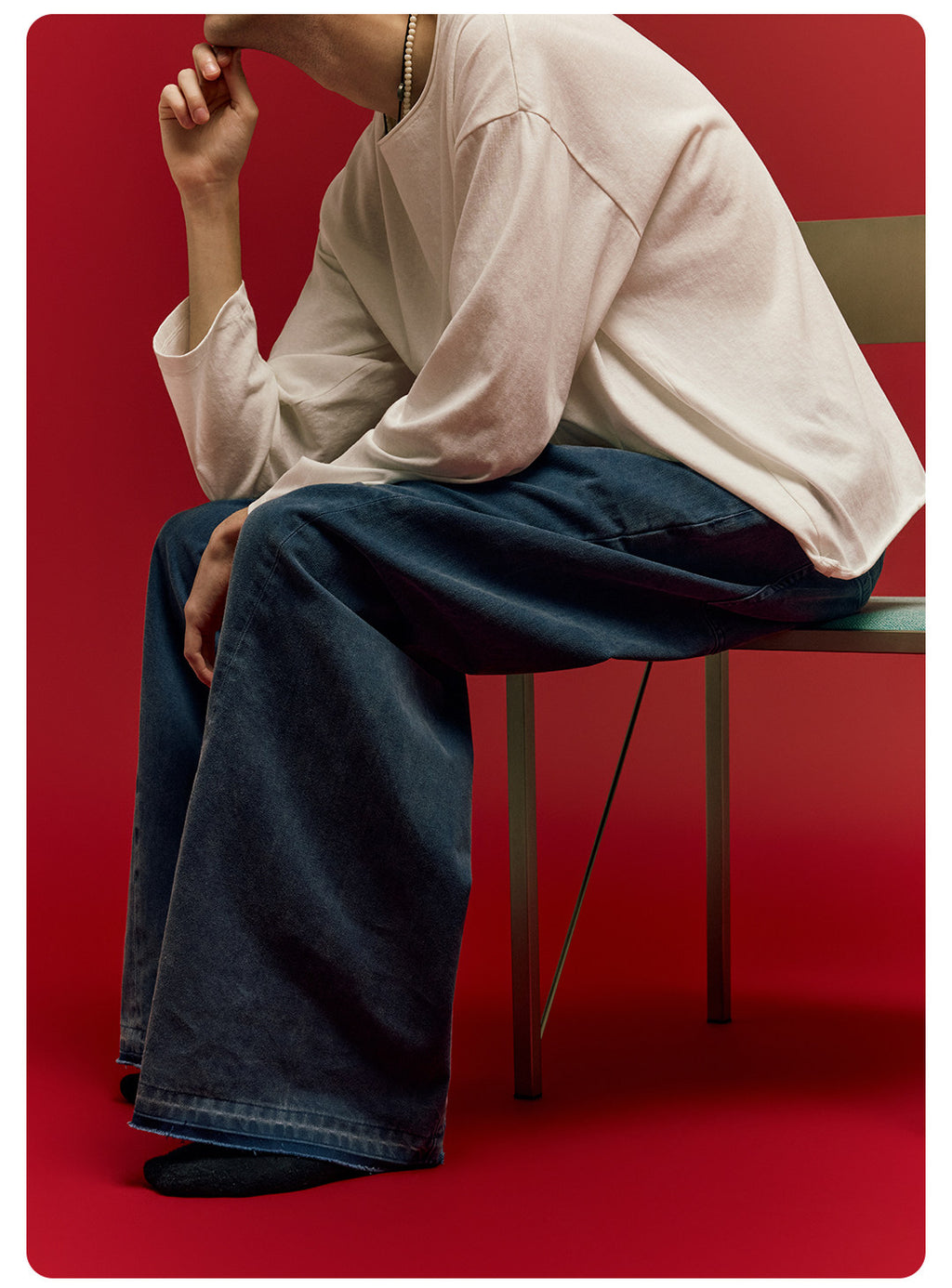 ムラ感デニム 断ち切り仕様 紐プレゼント イージーワイドパンツ LOM041