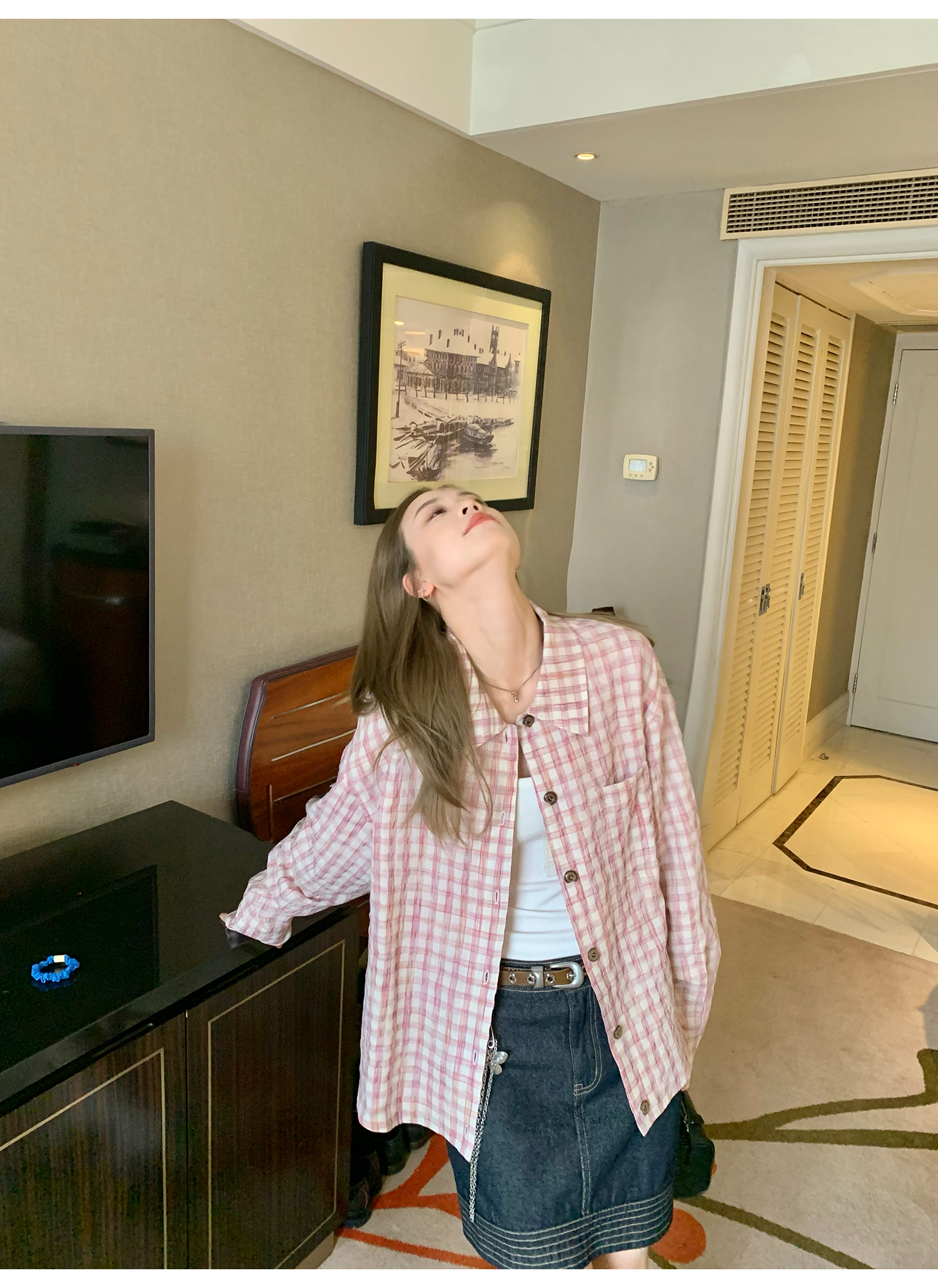 LelyMooch ピンクチェック リネン風　シャツジャケット  LEM119