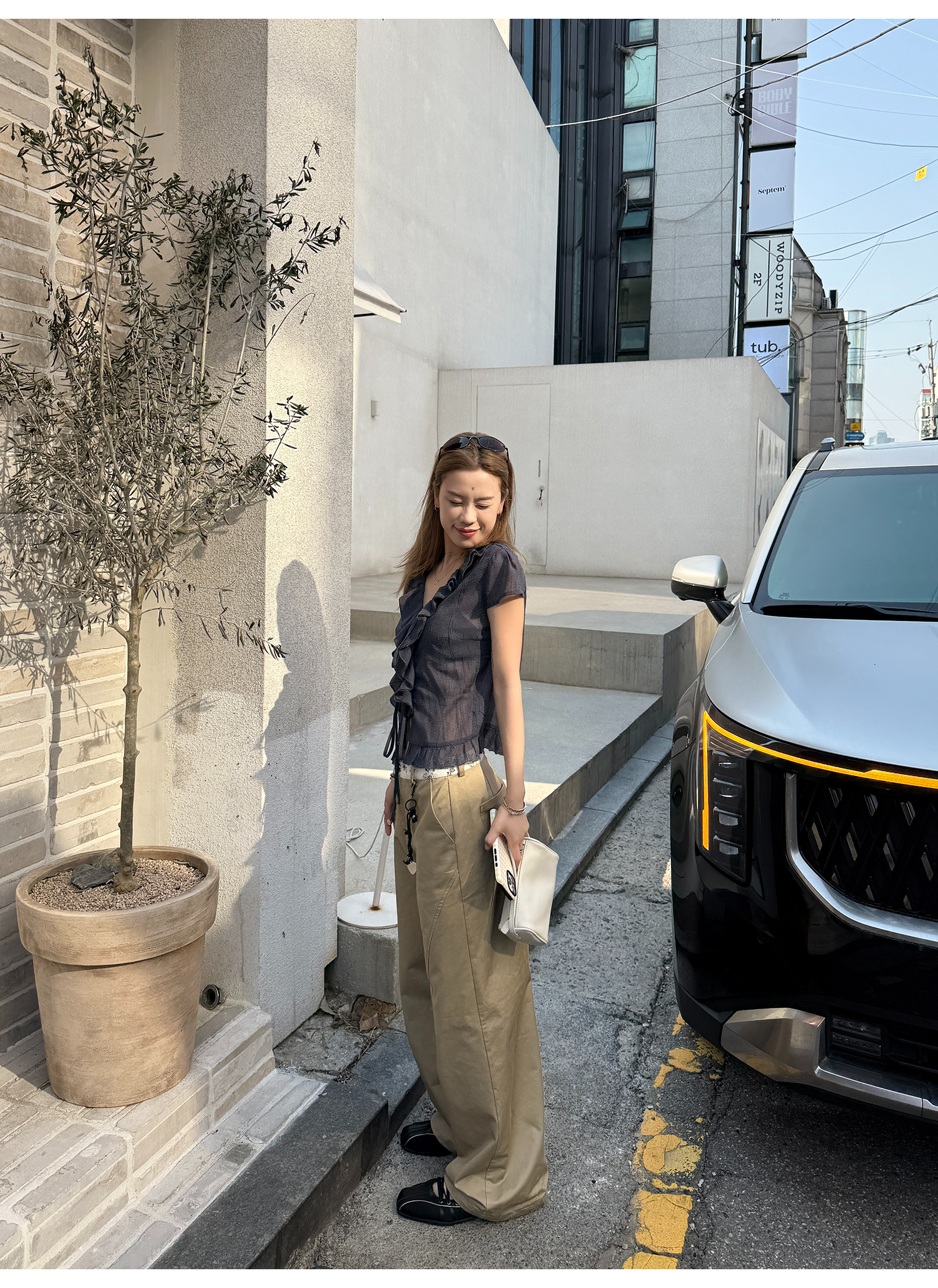 LelyMooch くしゅくしゅ涼感チェック フリルシャツ  LEM175