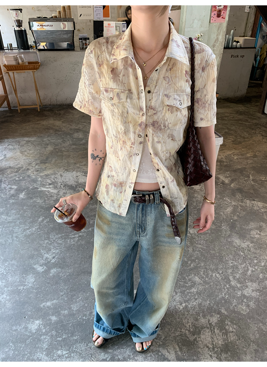 LelyMooch 花柄タイダイ風シワ加工ショートシャツ  LEM139