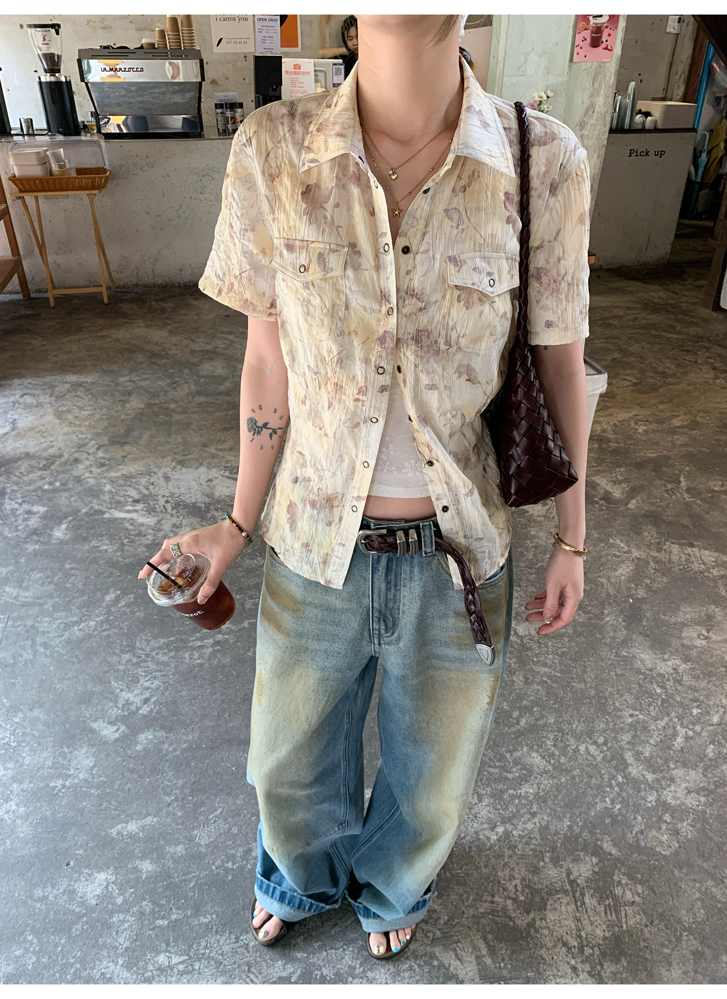 LelyMooch 花柄タイダイ風シワ加工ショートシャツ  LEM139