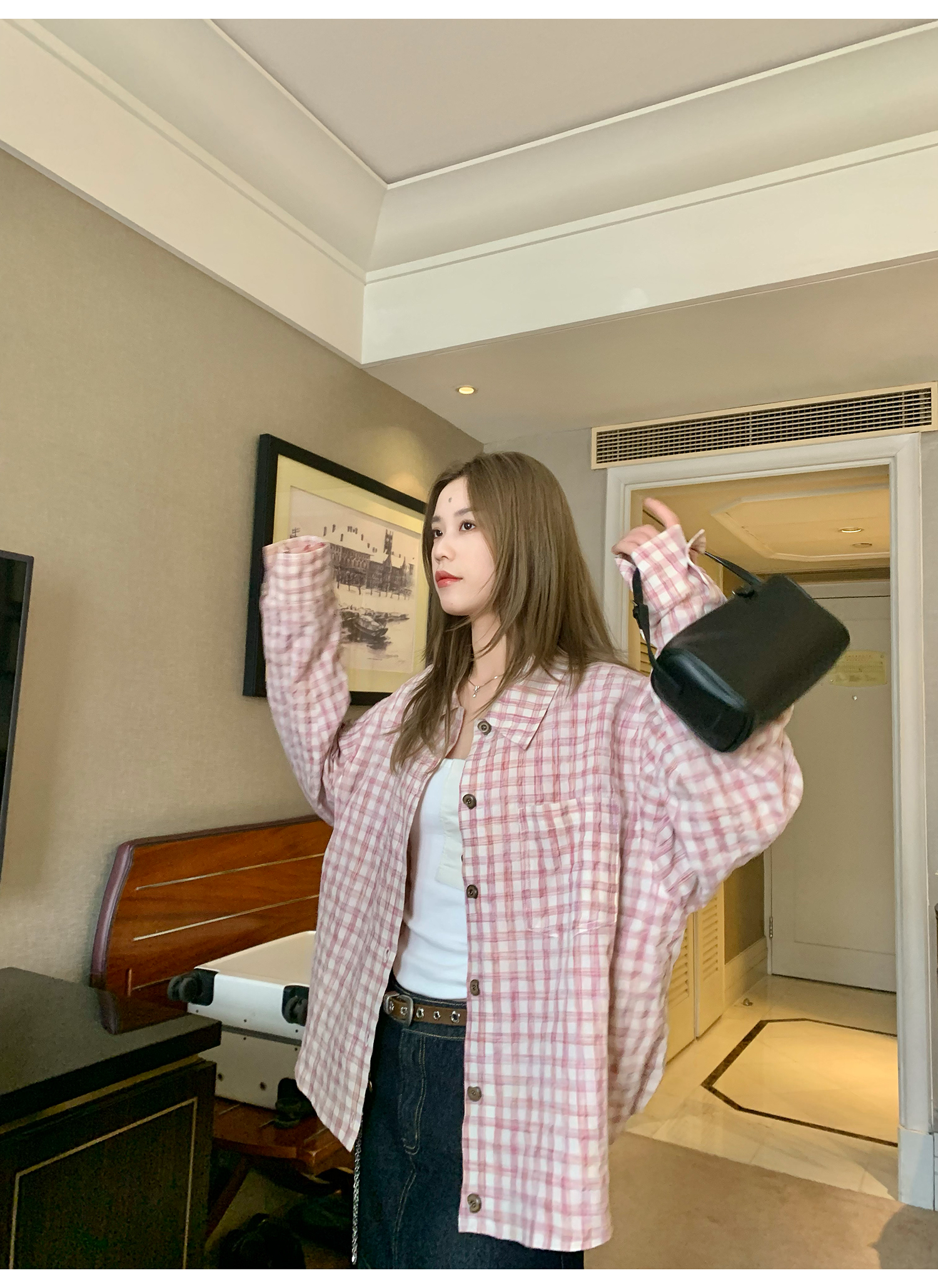 LelyMooch ピンクチェック リネン風　シャツジャケット  LEM119