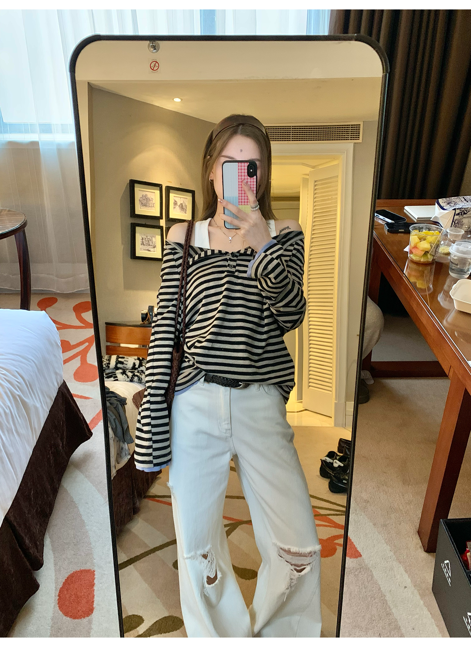 LelyMooch  オフショルダー ストライプ ロンTシャツ  LEM120