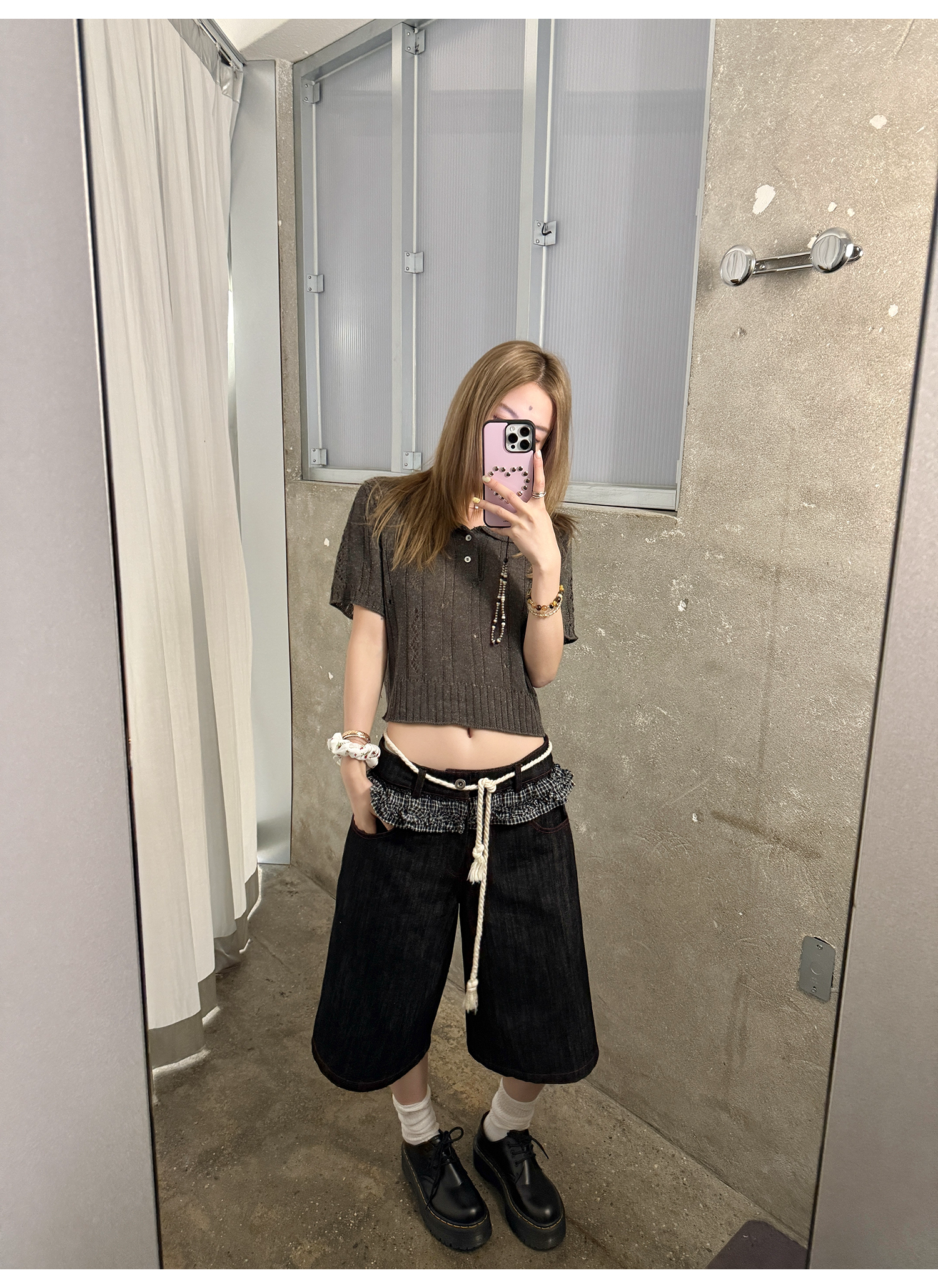 LelyMooch 赤ステッチ×ギンガムデニムハーフパンツ   LEM201