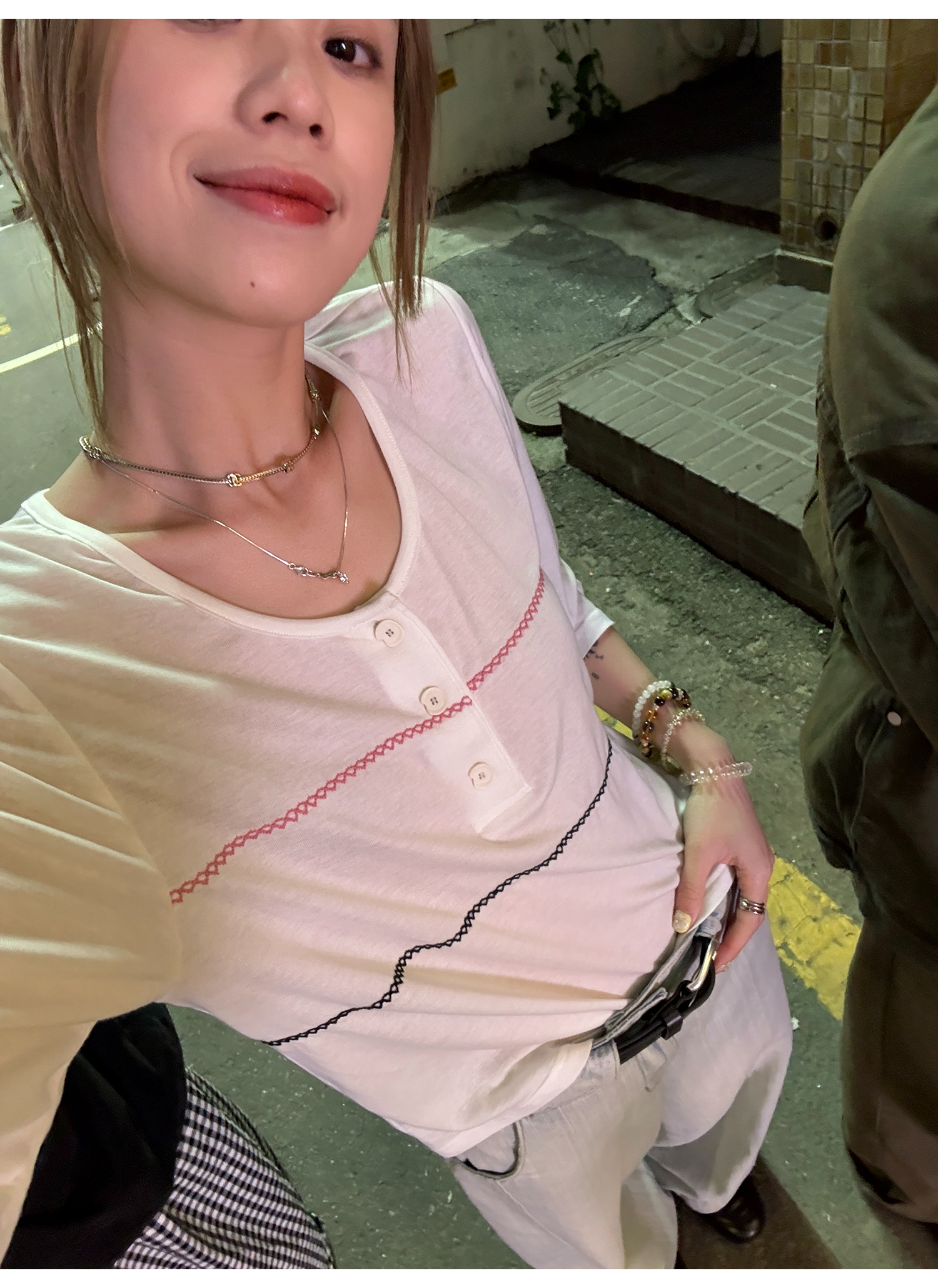 LelyMooch シアー素材×配色ステッチ ヘンリーネック七分袖  LEM178