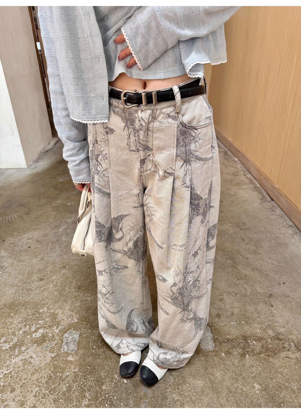 【7日以内にお届け】LelyMooch ヴィンテージ風 ジャカード デニムパンツ LEM109