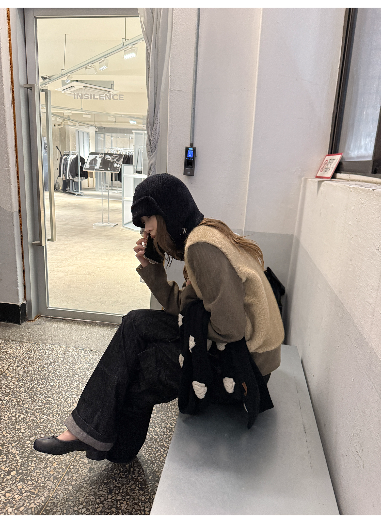 LelyMooch フェイクファー切り替え立ち襟コート  LEM252