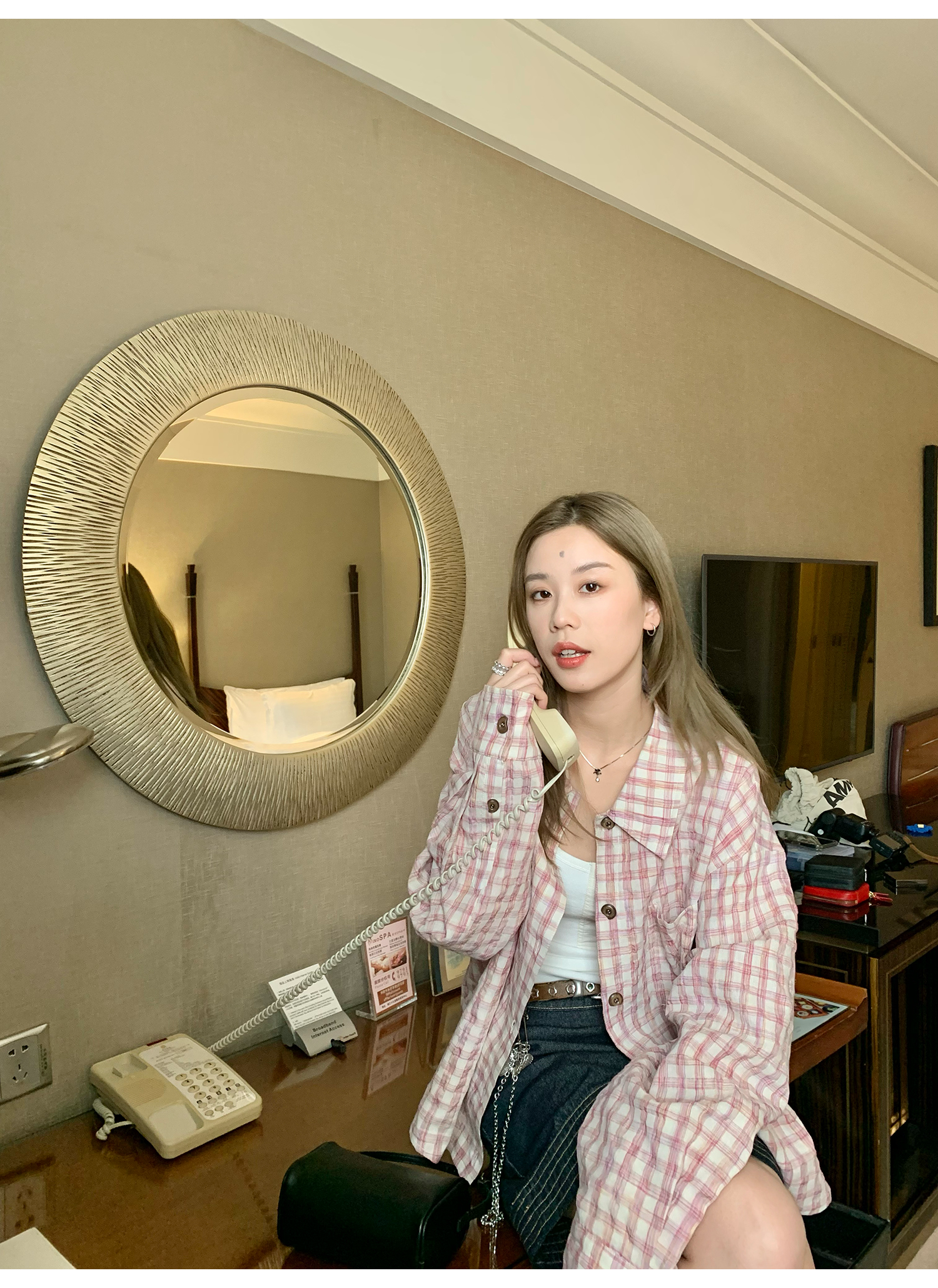 LelyMooch ピンクチェック リネン風　シャツジャケット  LEM119