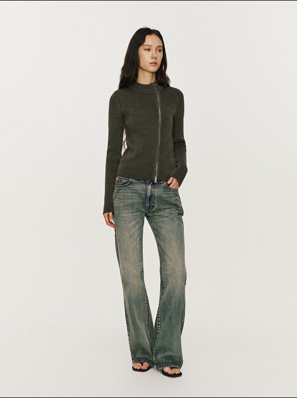 斜めジップ 半ハイネック 構築ニット  LOM036