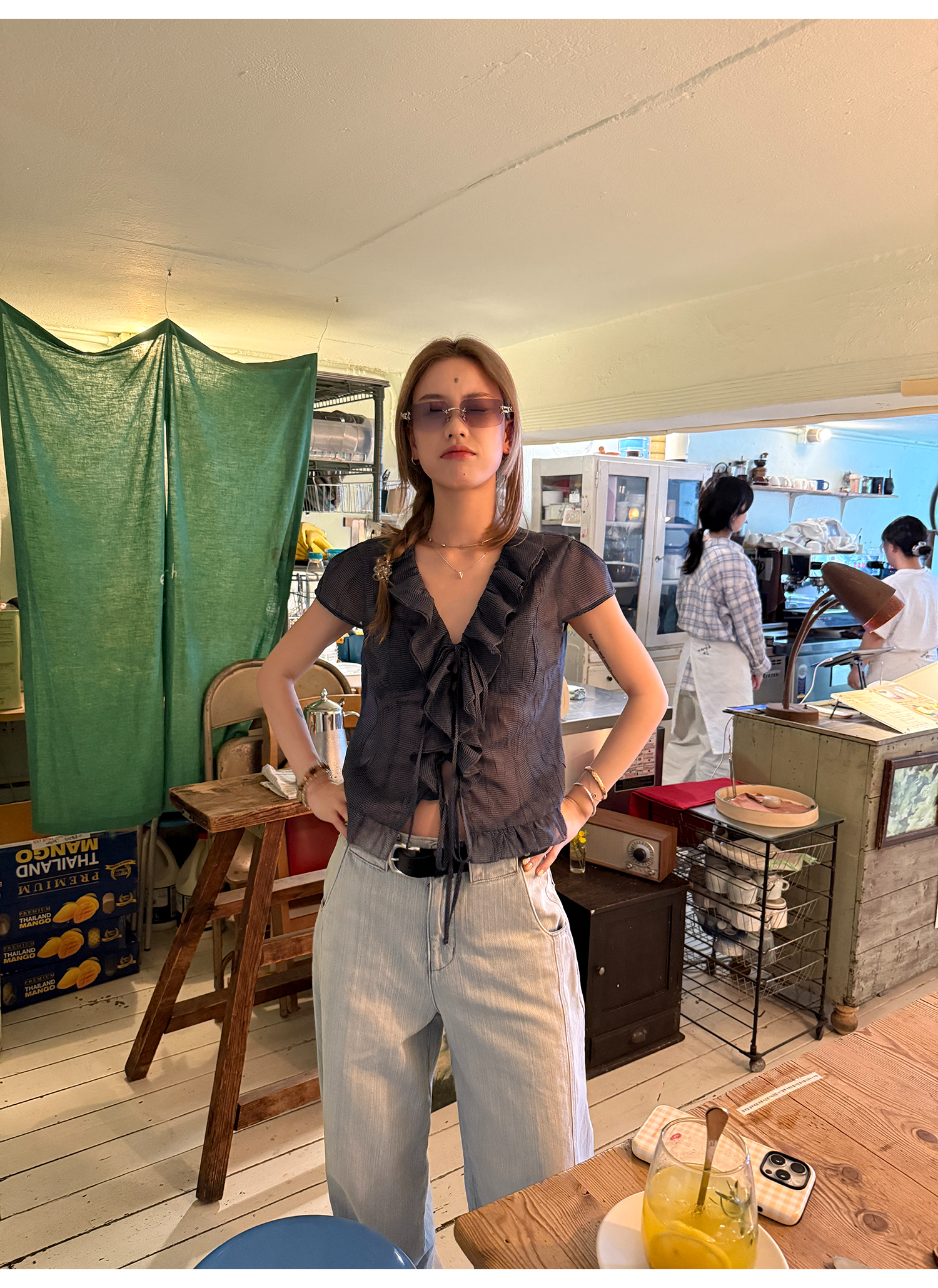 LelyMooch くしゅくしゅ涼感チェック フリルシャツ  LEM175