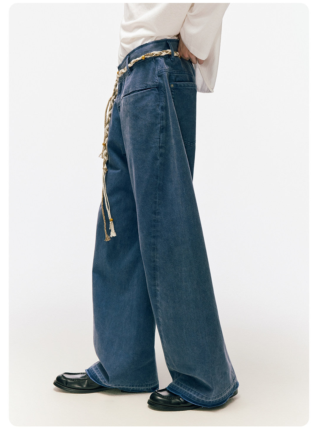 ムラ感デニム 断ち切り仕様 紐プレゼント イージーワイドパンツ LOM041