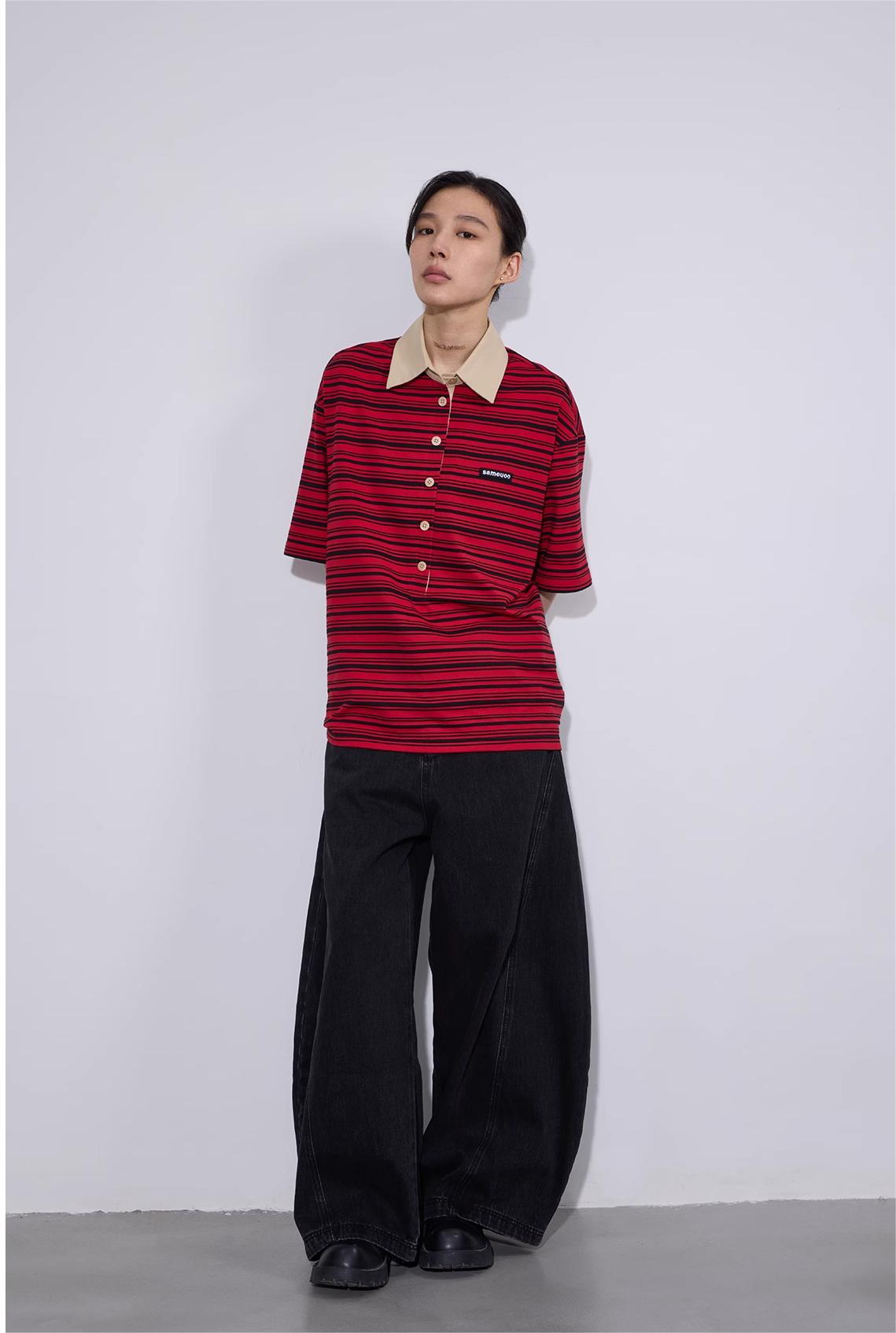 ポロカラー ストライプ半袖Tシャツ  LOM016