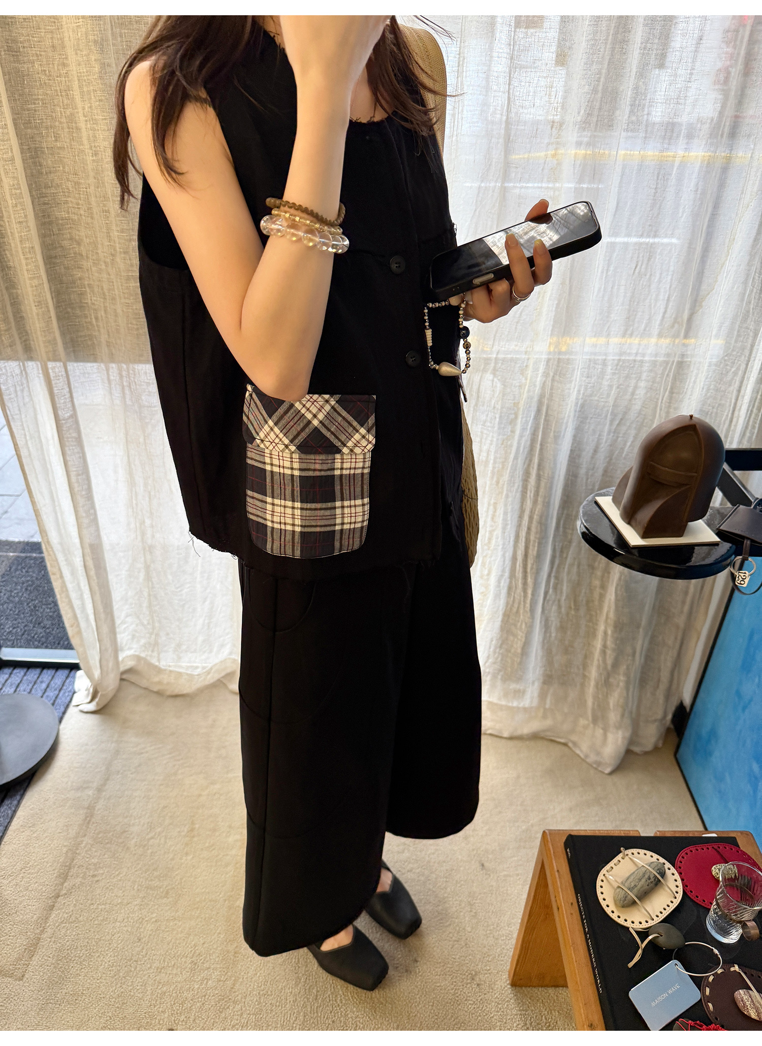 LelyMooch 配色チェック柄ノースリーブベスト  LEM218