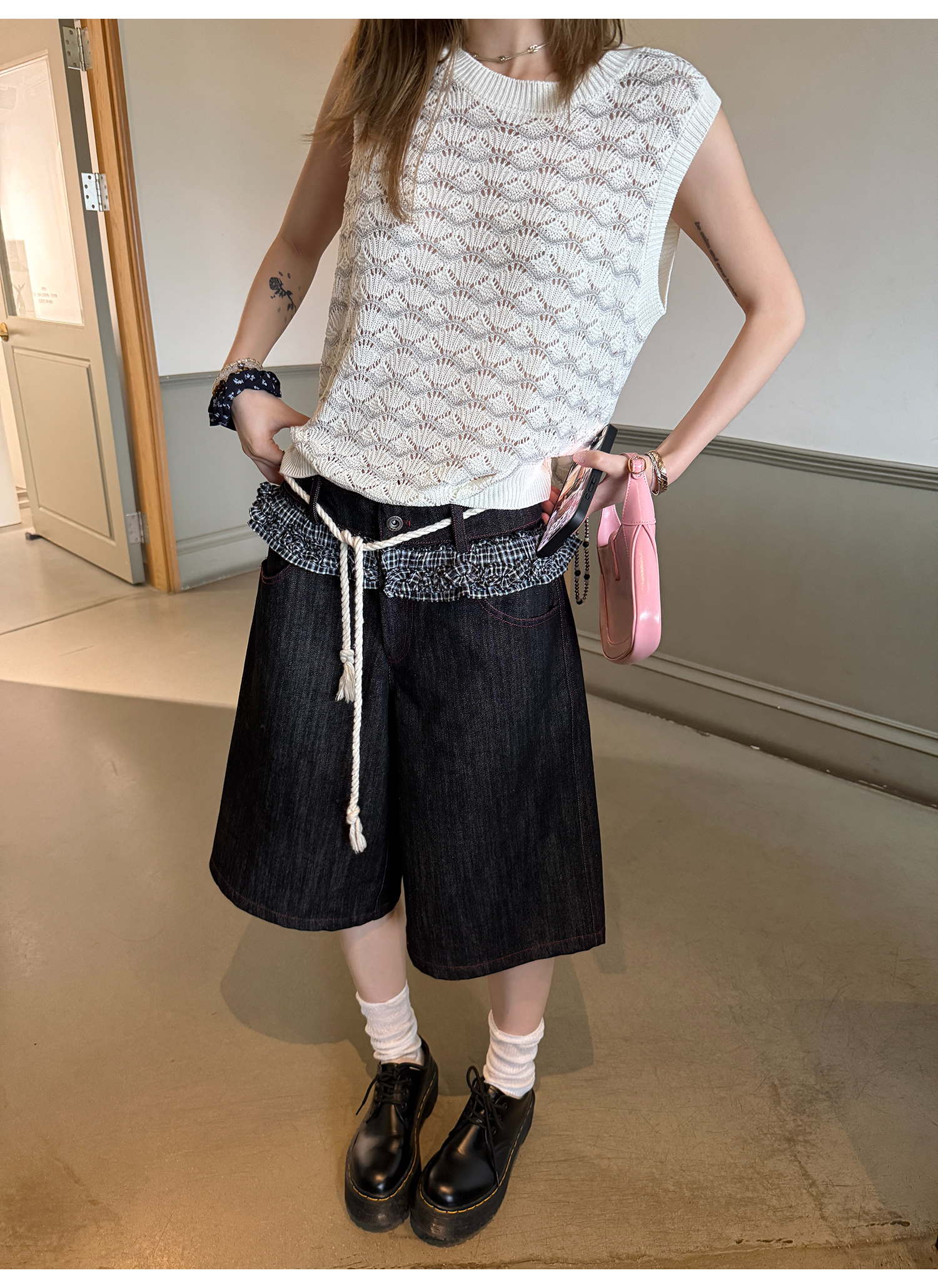 LelyMooch 赤ステッチ×ギンガムデニムハーフパンツ   LEM201