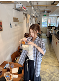 LelyMooch パープル格子柄・軽量半袖シャツ  LEM198