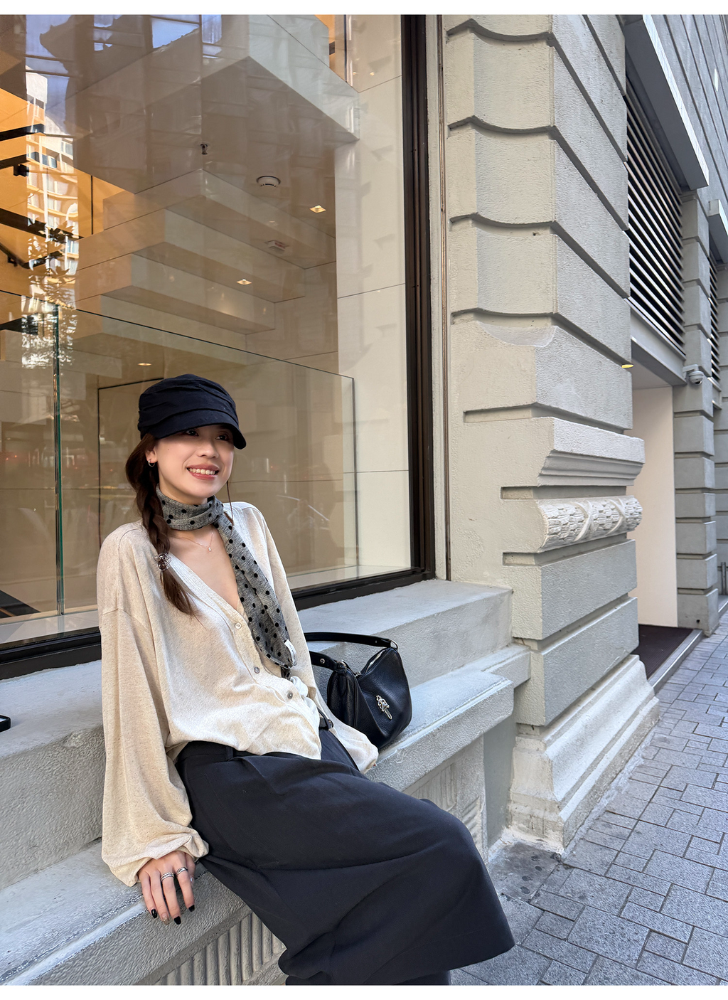 LelyMooch ドット柄シアースカーフ グレーグラデーション  レトロアクセント  LEM327