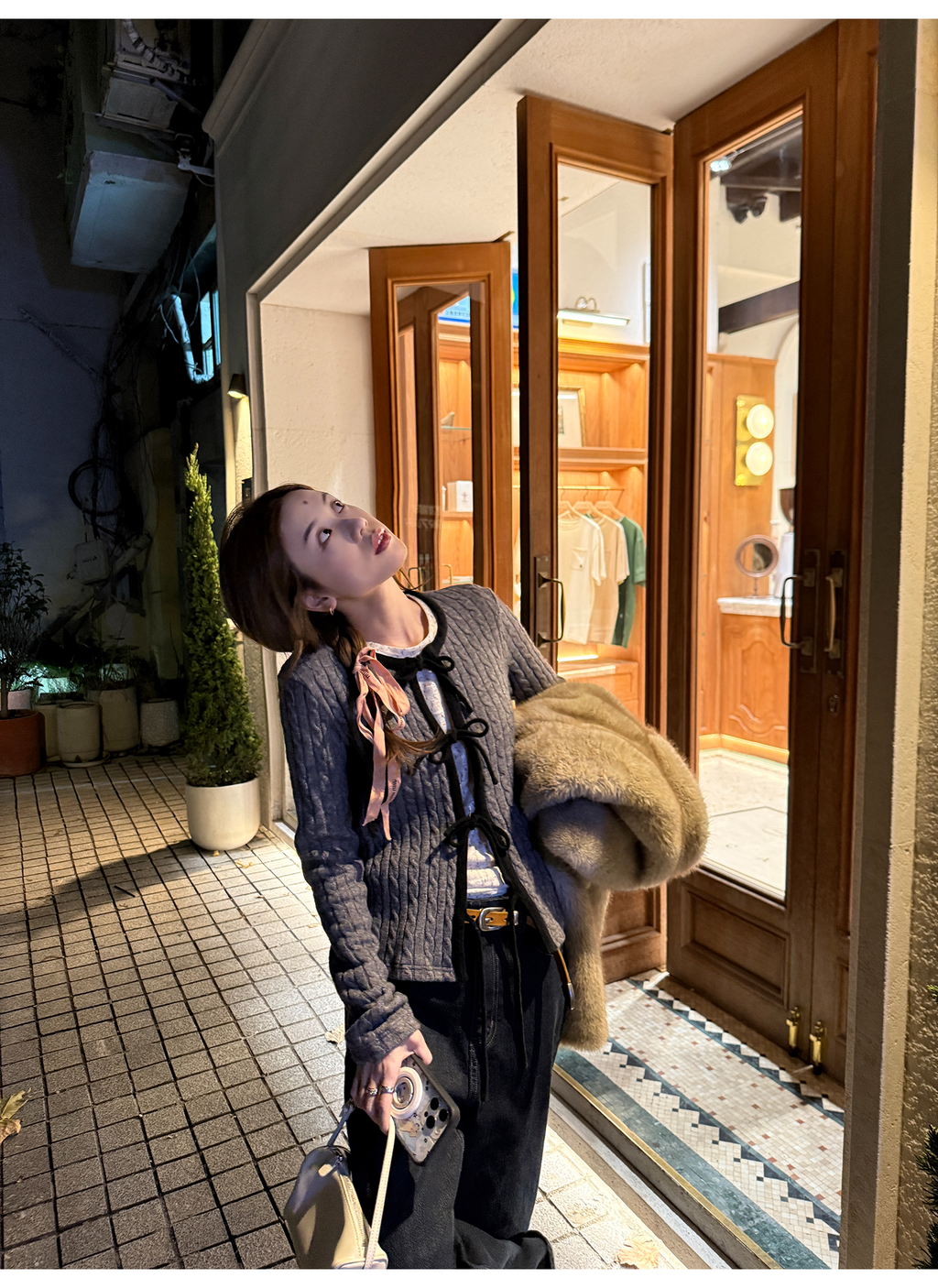 LelyMooch ケーブル調 × 配色リボン ニットトップス LEM276