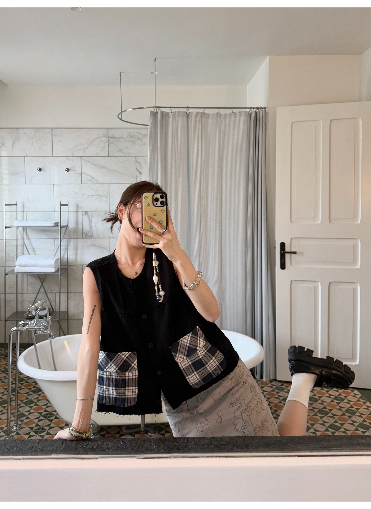 LelyMooch 配色チェック柄ノースリーブベスト  LEM218