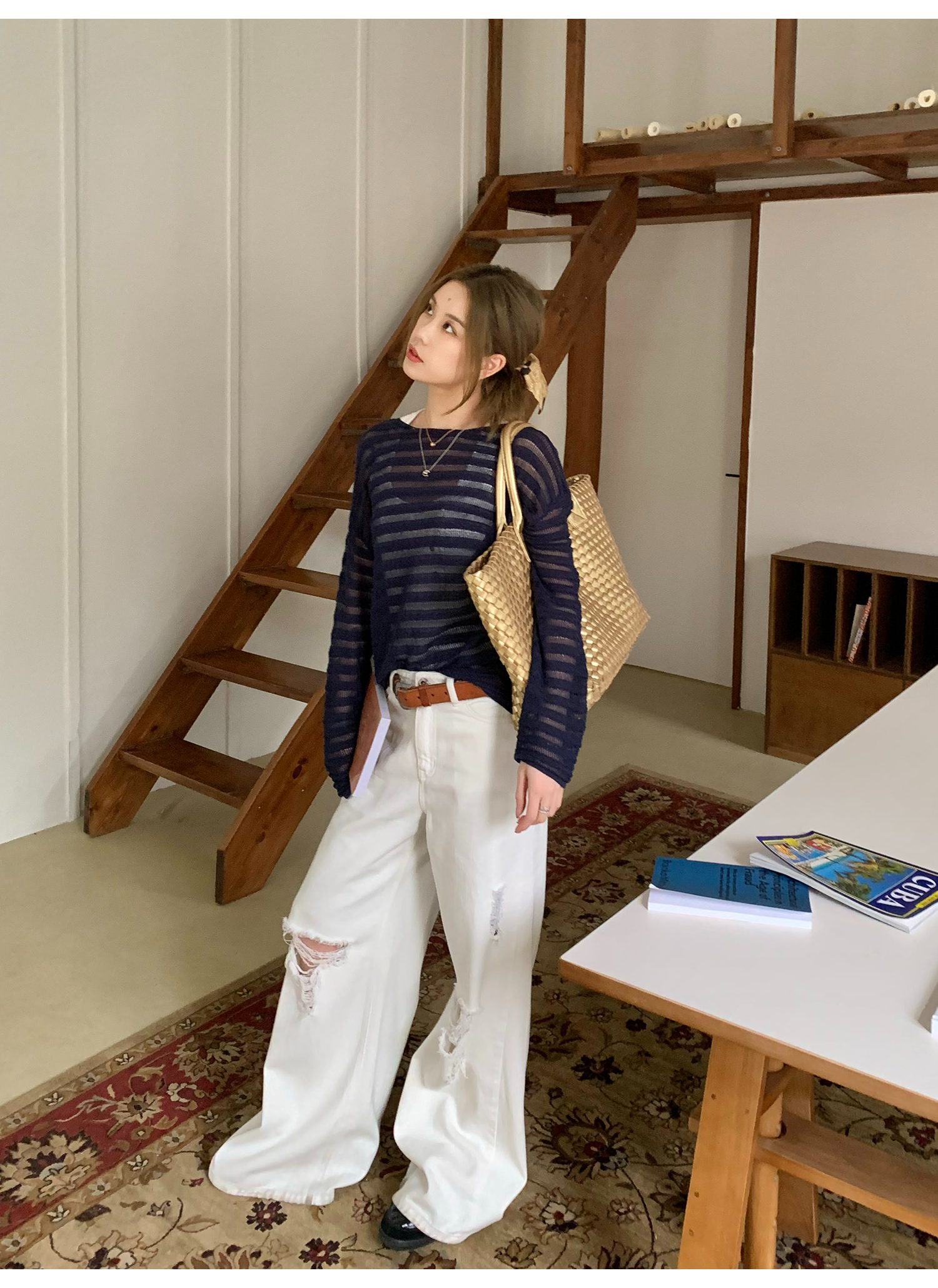 LelyMooch  ホワイト ワイドパンツ（ダメージ加工） LEM116