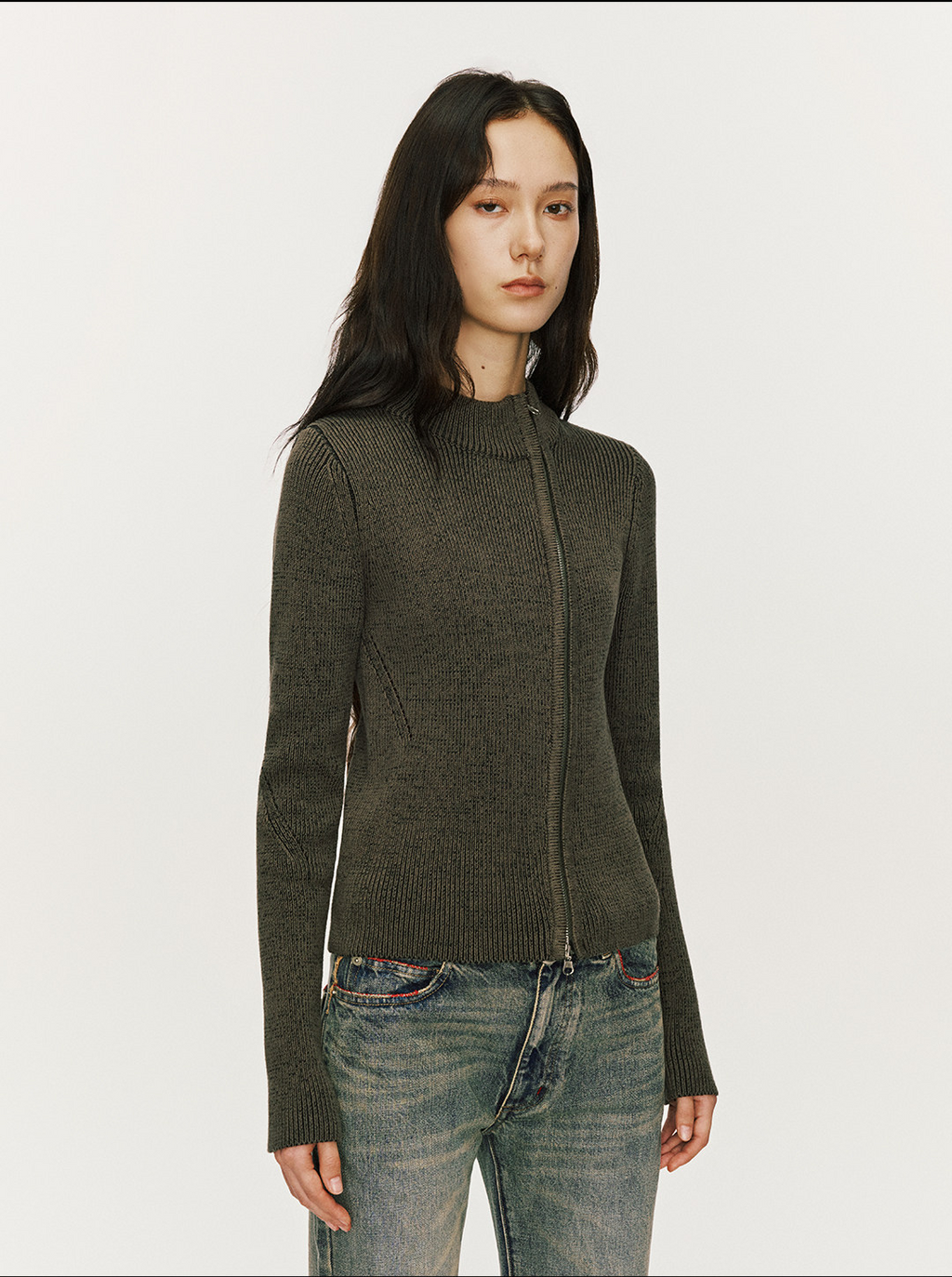 斜めジップ 半ハイネック 構築ニット  LOM036