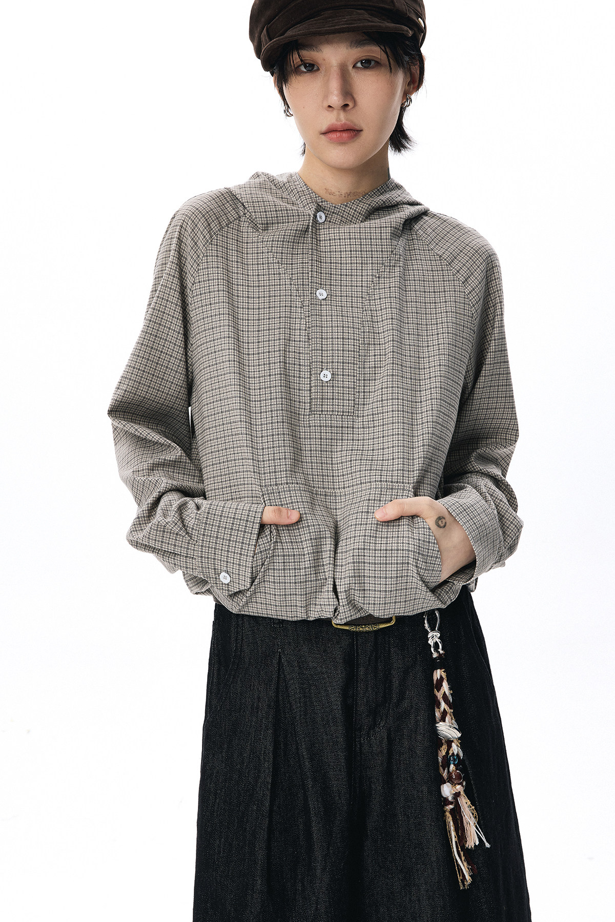 ドローコードヘム フーディーチェック柄 長袖シャツ  LOM037