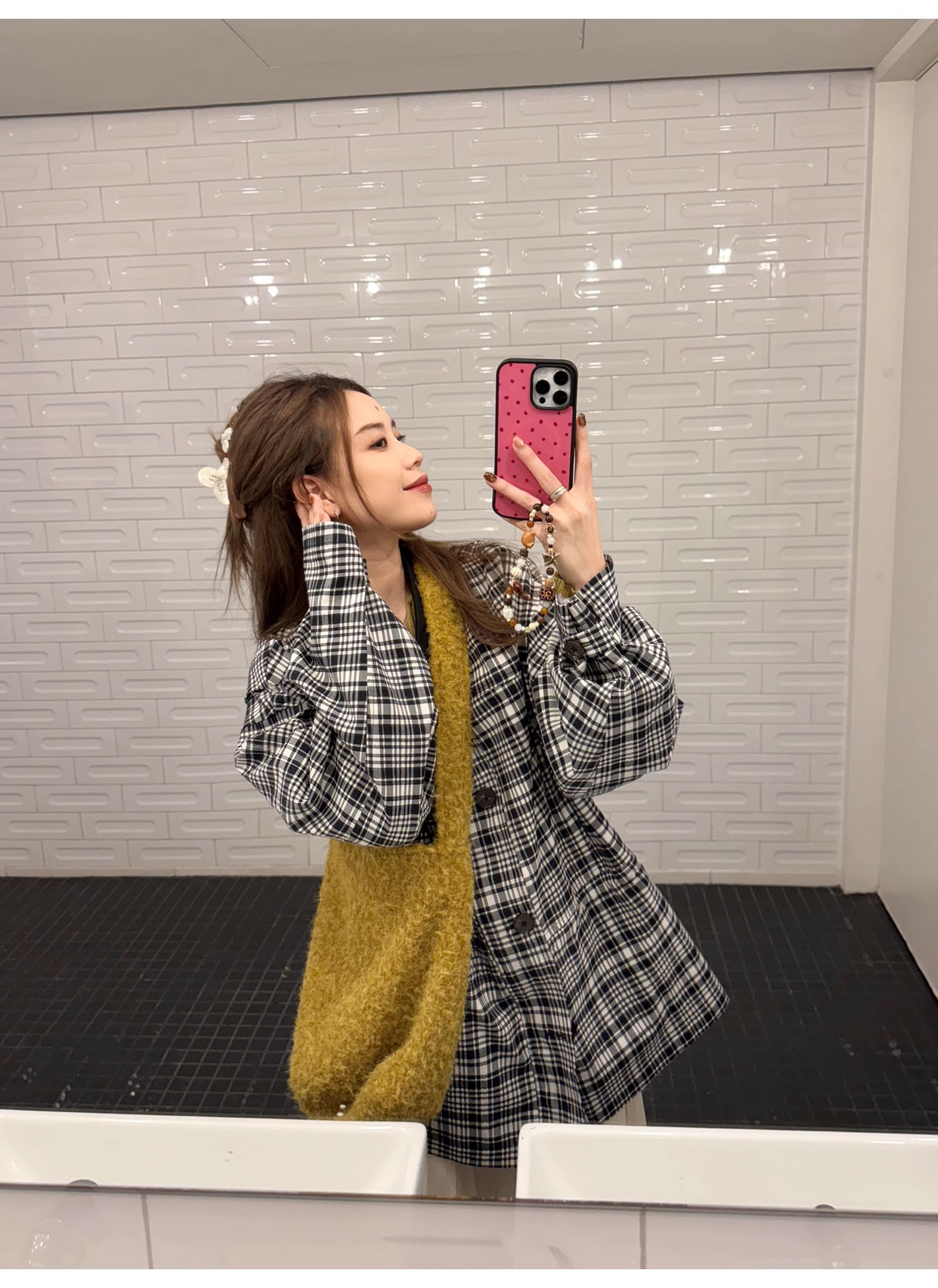 LelyMooch black and white checked trench coat, midi length LEM078